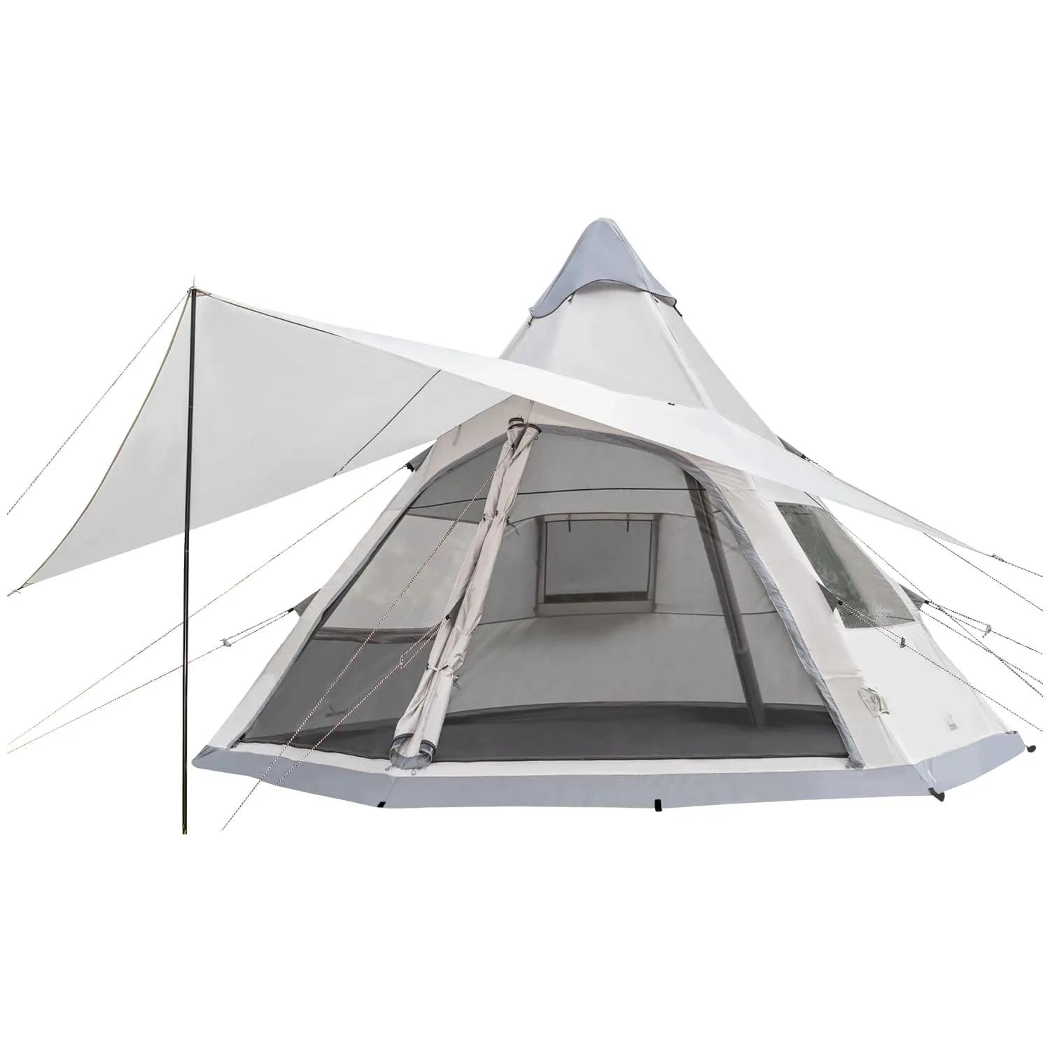 Zelt in Tipi-Form mit grauem Dach und offener Front, angestützt von Stangen, weiße Wände mit Fenstern.