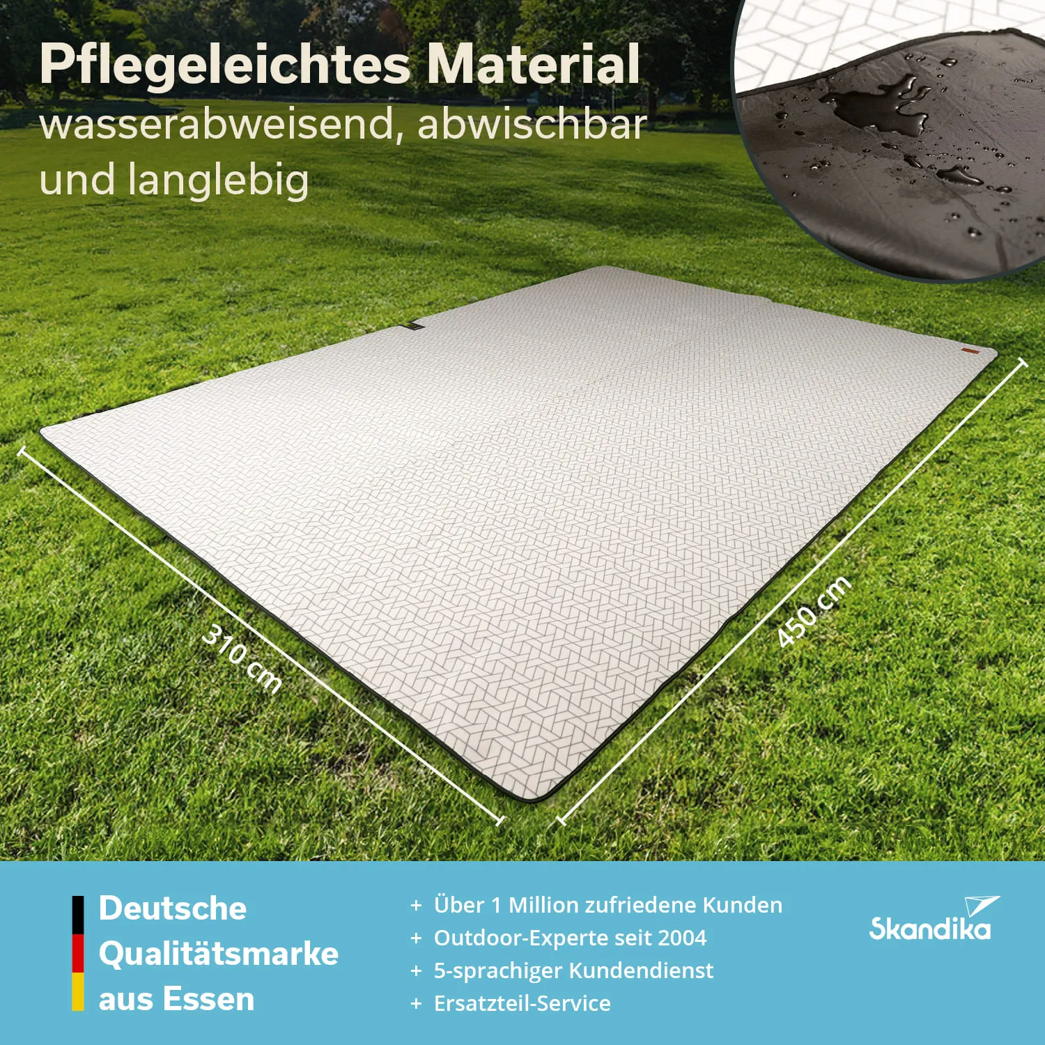 Große, rechteckige, wasserabweisende Oberfläche auf grünem Gras, mit Maßangaben und Logo.