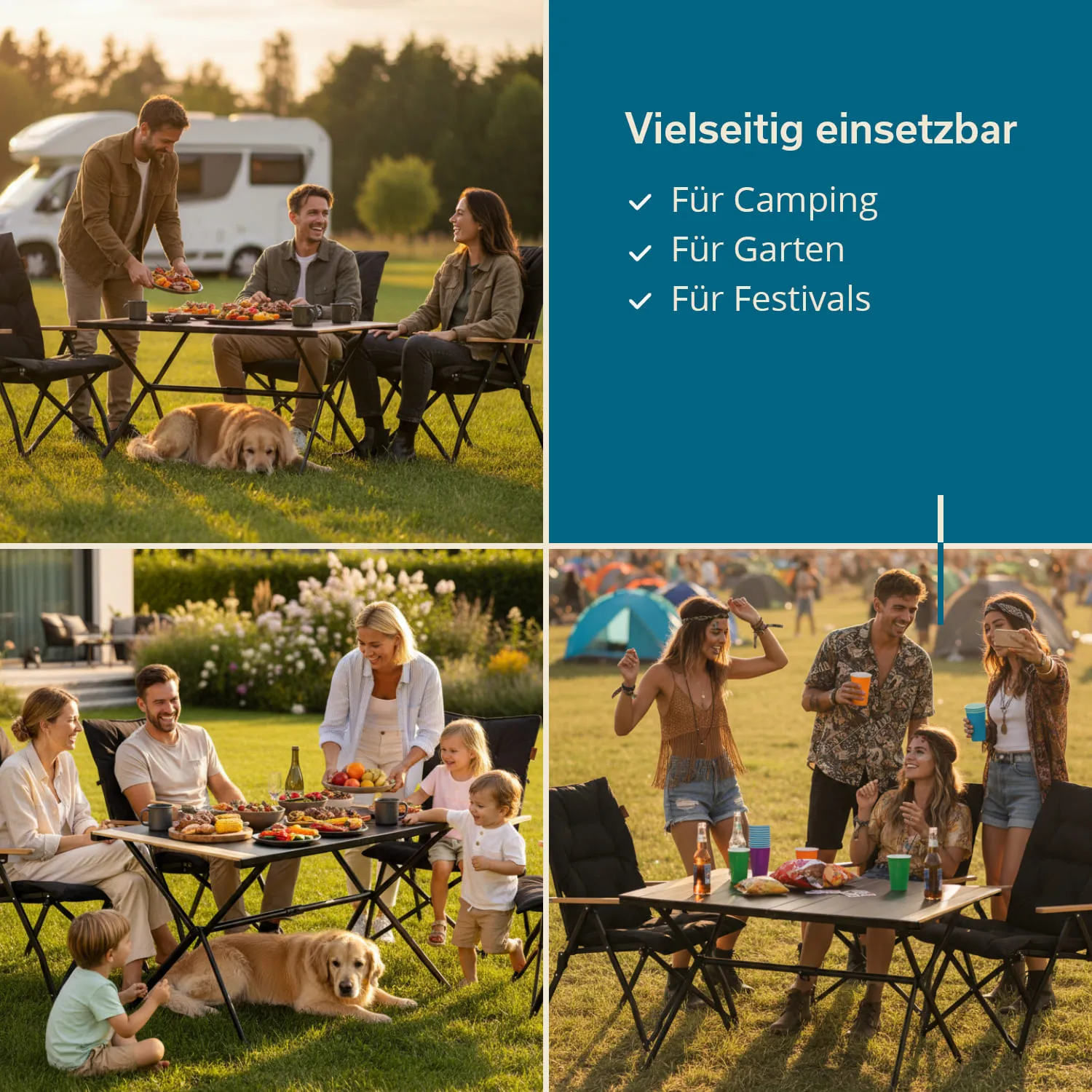 Tisch mit Stühlen im Freien, umgeben von Personen und einem Hund. Essen und Getränke sind auf dem Tisch verteilt.