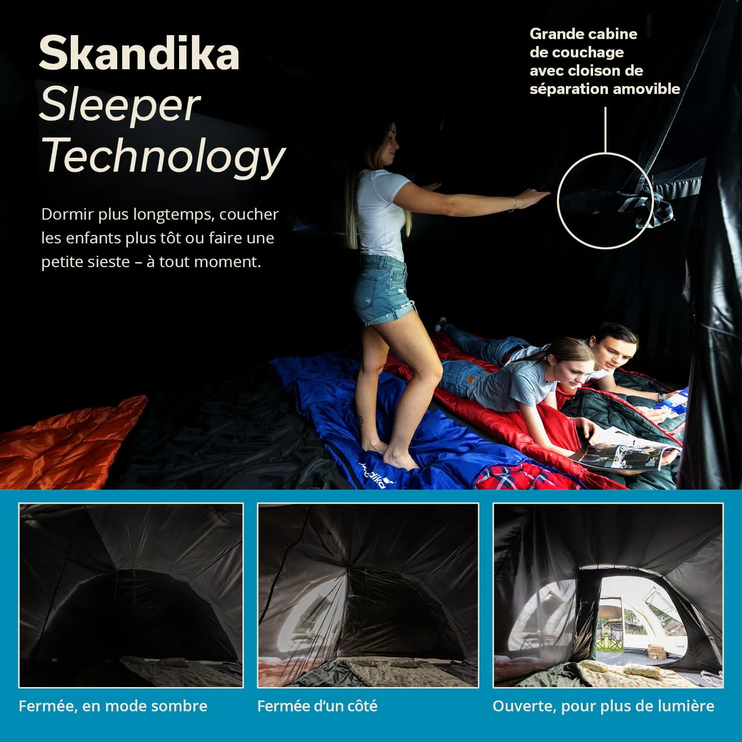 Zelt mit Schlaftechnologie, eine Person steht und zeigt auf den Innenraum, zwei Personen liegen auf Schlafsäcken. Drei kleinere Bilder zeigen verschiedene Zeltzustände.