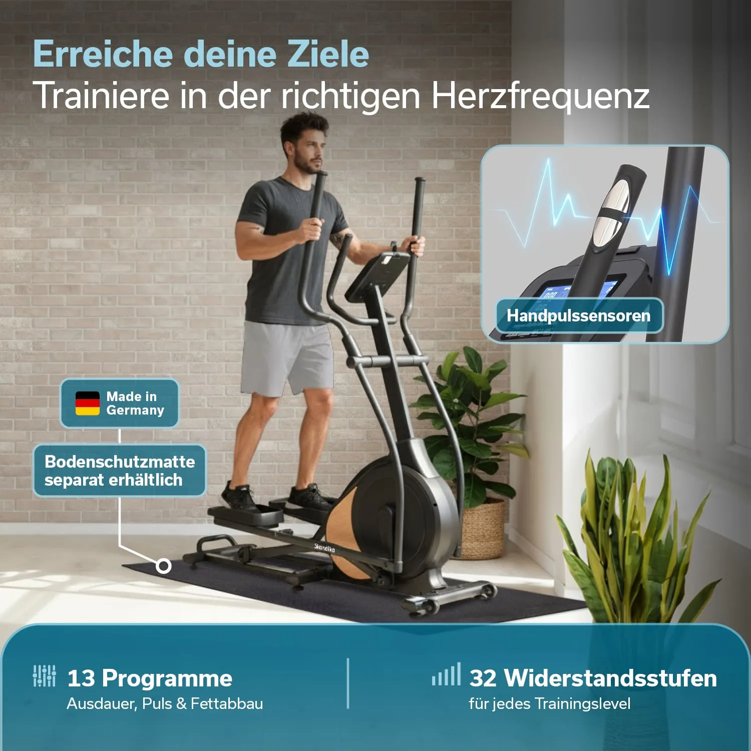 Ellipsentrainer in einem hellen Raum, Nutzer trainiert. Pflanzen und Bodenmatte sichtbar. Informationen zu Programmen und Widerstand.