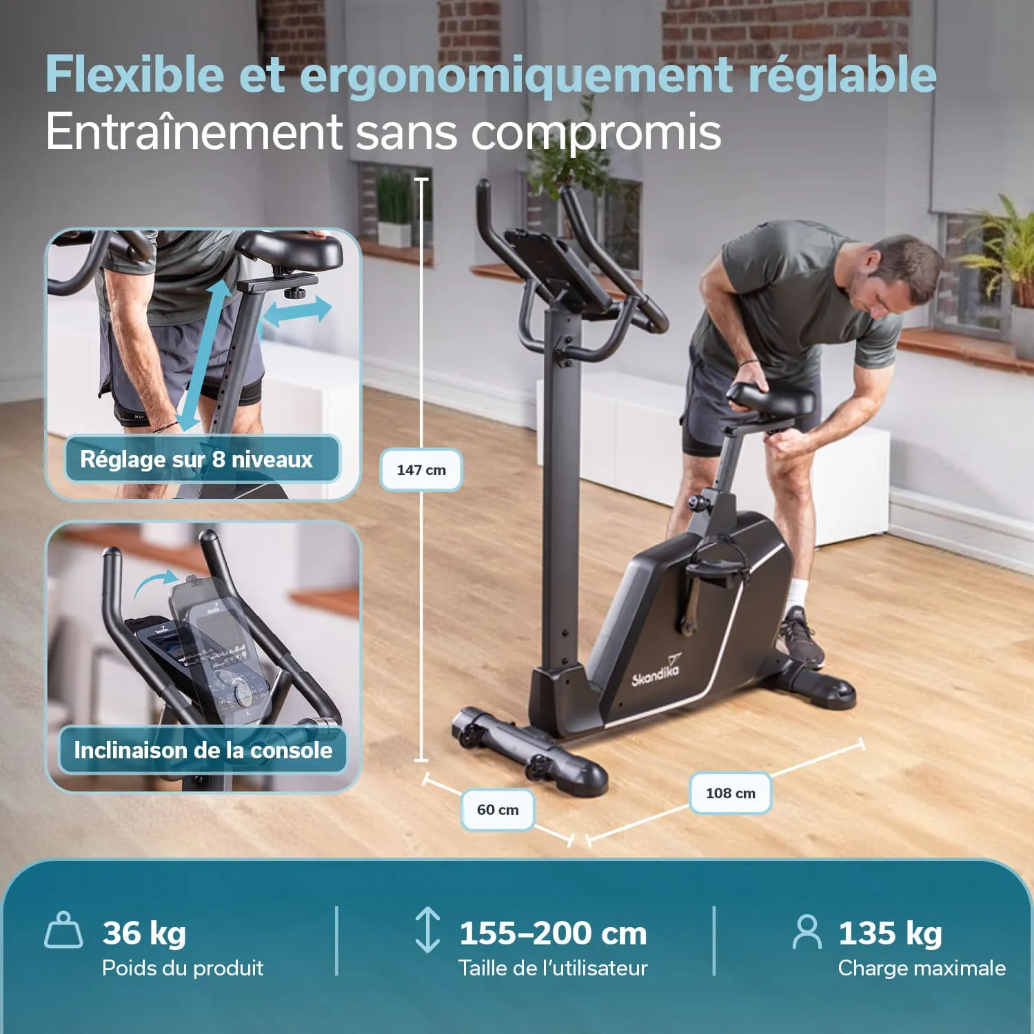 Ergometer in einem Raum mit Holzfußboden. Person justiert das Gerät. Abmessungen und Spezifikationen sind sichtbar.