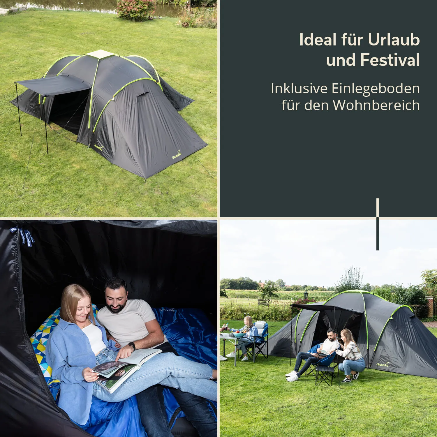 Zelt im Freien auf einer Wiese, zwei Personen sitzen im Zelt und lesen, eine Person sitzt vor dem Zelt. Hintergründe mit Pflanzen.