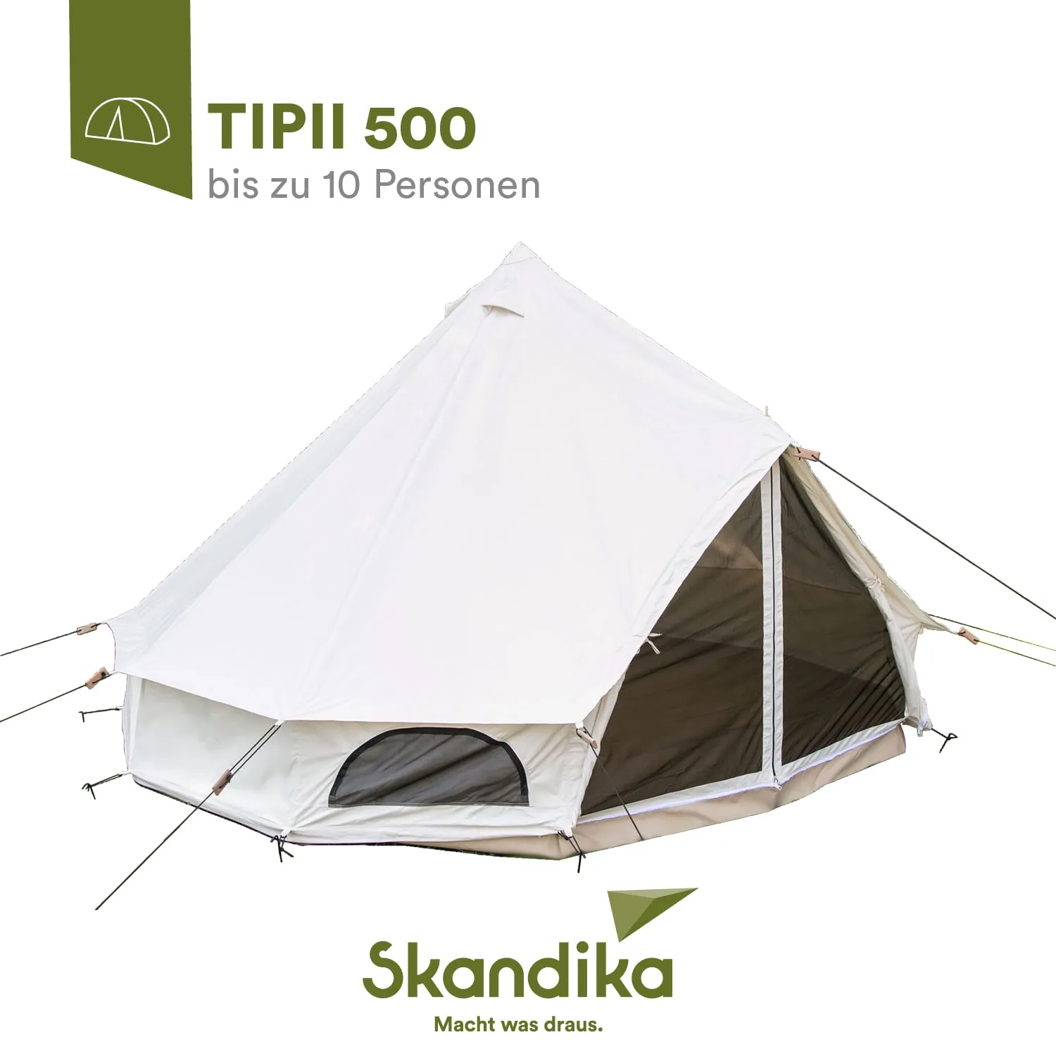 Zelt in Form eines Tipis, mit weißem Stoff und einem Eingang aus Netz. Beschriftung: "TIPII 500 bis zu 10 Personen".