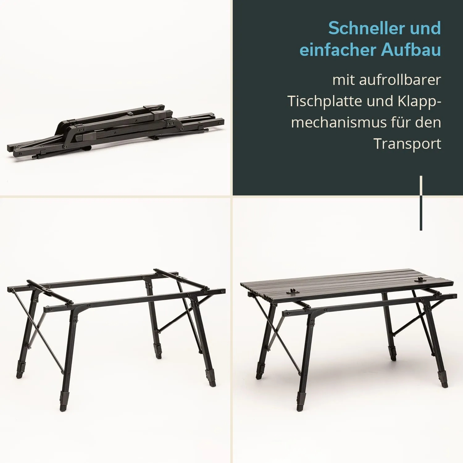 Zusammenklappbarer Tisch mit aufrollbarer Tischplatte, in verschiedenen Aufbaustufen abgebildet. Weiße Hintergrundfläche.