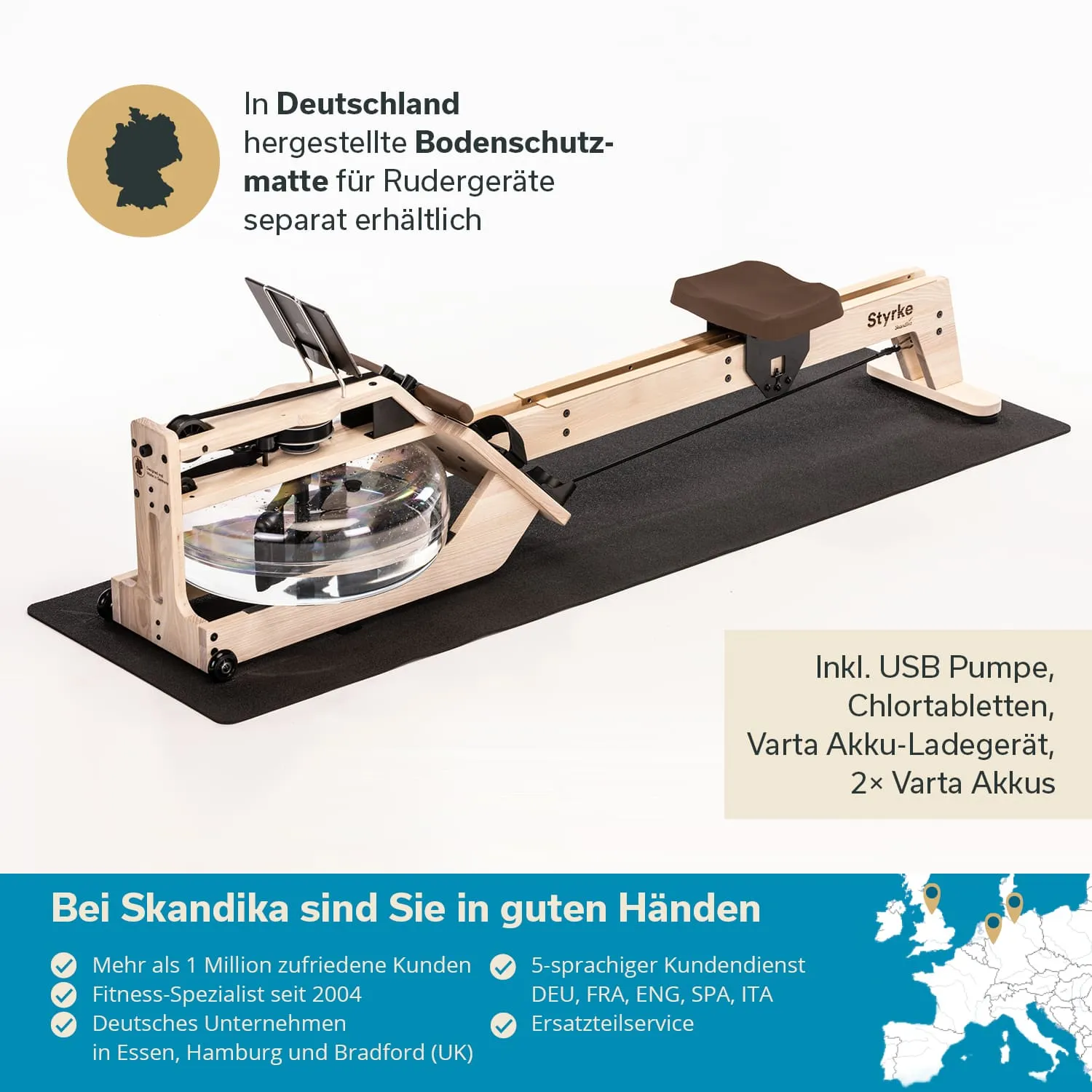 Bodenschutzmatte für Rudergeräte auf schwarzem Untergrund, Holzkontruktion mit transparentem Wassertank, Zubehör abgebildet.