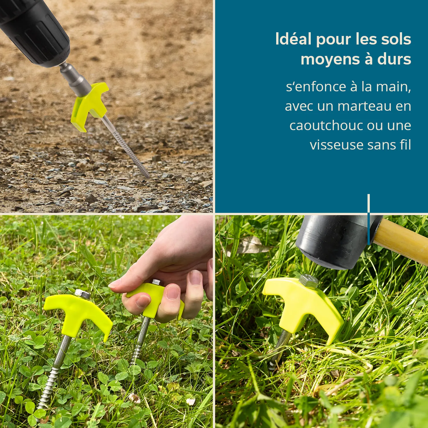 Mehrere Bilder eines Gartenwerkzeugs mit gelbem Griff und Schraube, das in verschiedene Böden eingeordnet ist.
