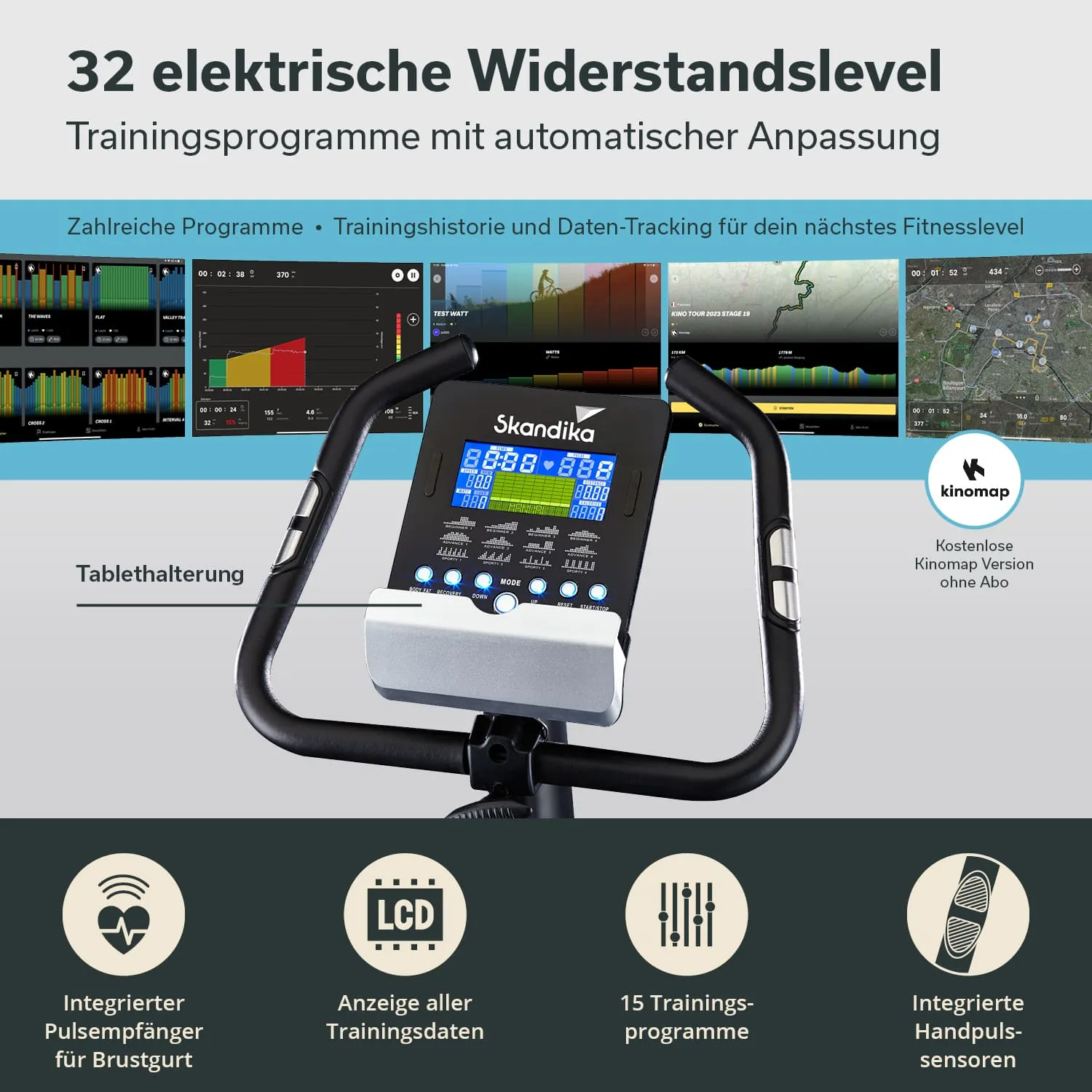 Trainingsgerät mit LCD-Display, 32 Widerstandsstufen und Tablet-Halterung. Enthält Informationen zu Fitnessprogrammen.