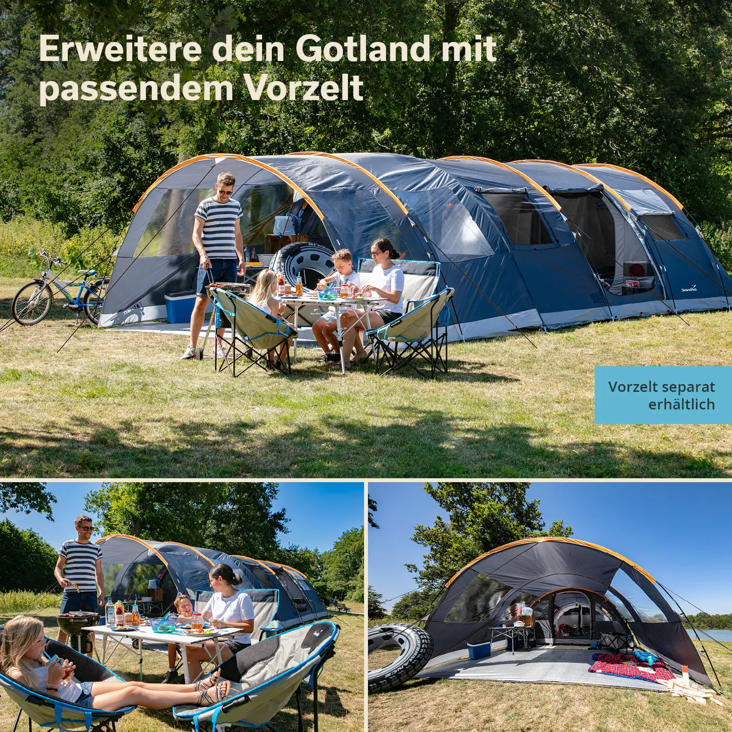 Gruppenszene im Freien mit einem großen Zelt, zwei Tischen, Stühlen und Fahrrädern, umgeben von Bäumen.