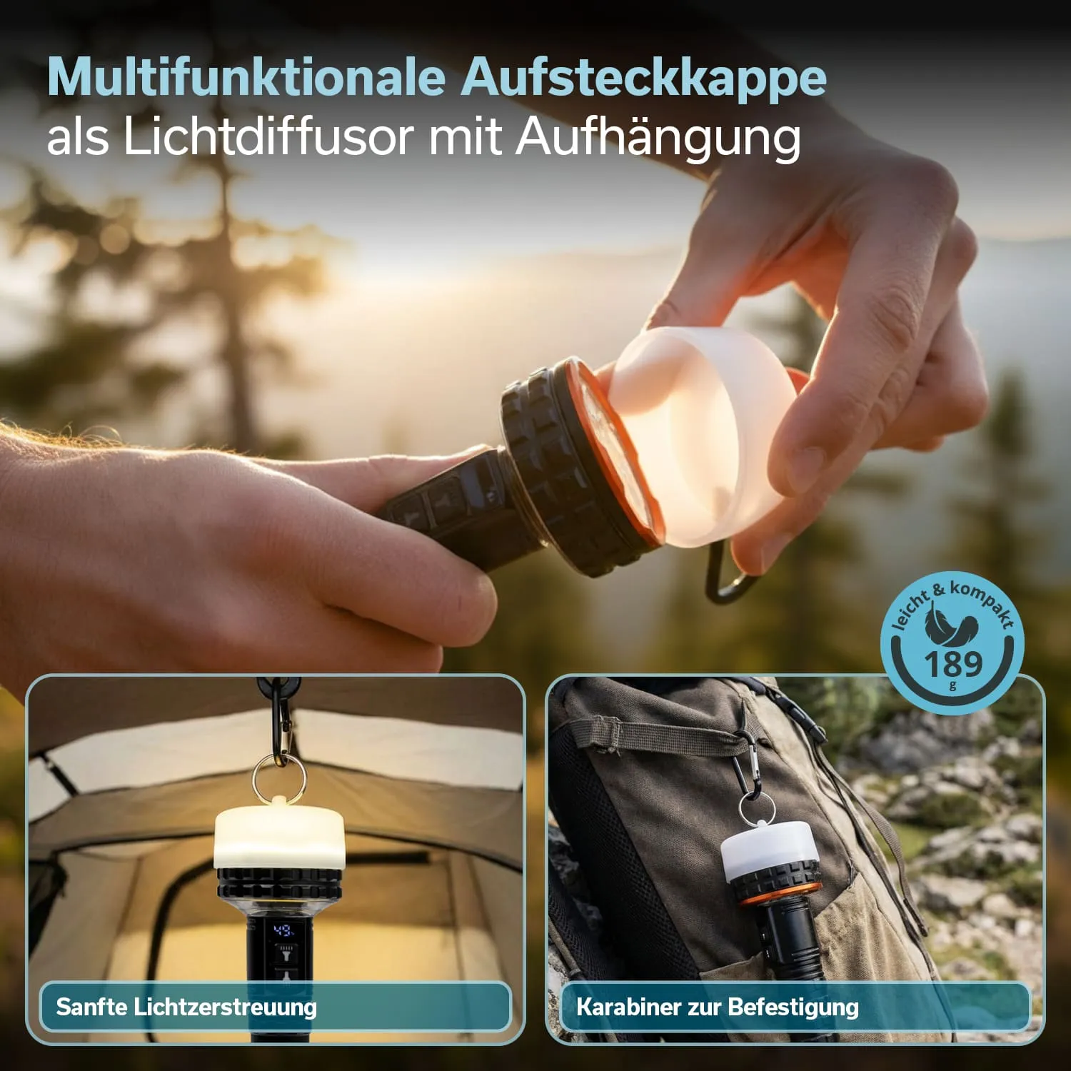 Multifunktionale Aufsteckkappe auf einer Taschenlampe, die als Lichtdiffusor dient. Im Hintergrund gibt es eine natürliche Landschaft.