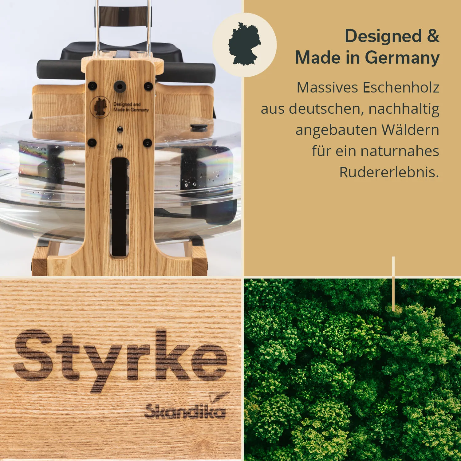 Holz-Rudergerät aus Eschenholz, kombiniert mit Text über nachhaltige Forstwirtschaft. Logo "Styrke" auf Holzoberfläche.