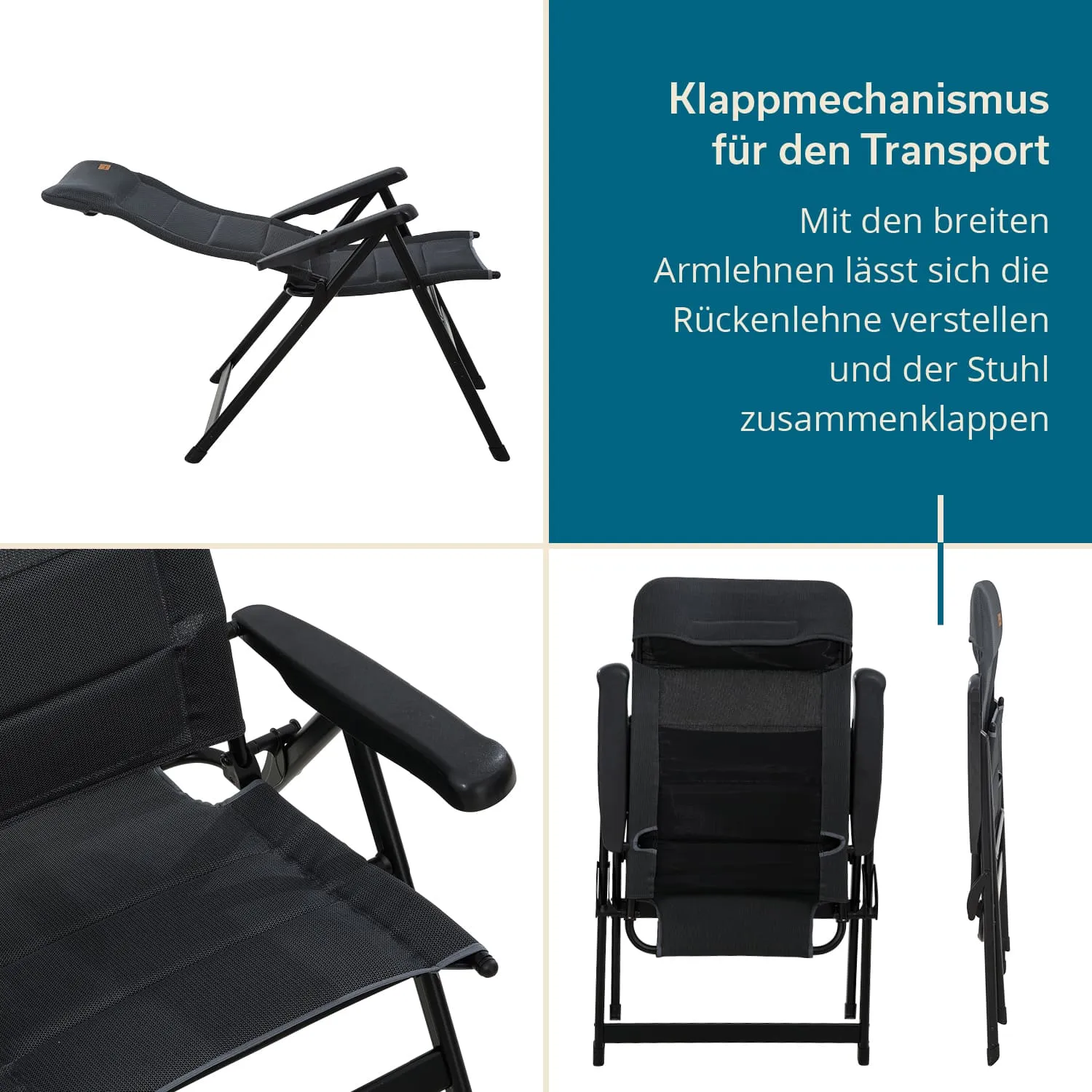 Klappstuhl in Schwarz mit verstellbarer Rückenlehne und breiten Armlehnen. Seitenansicht und Rückenansicht sind sichtbar.