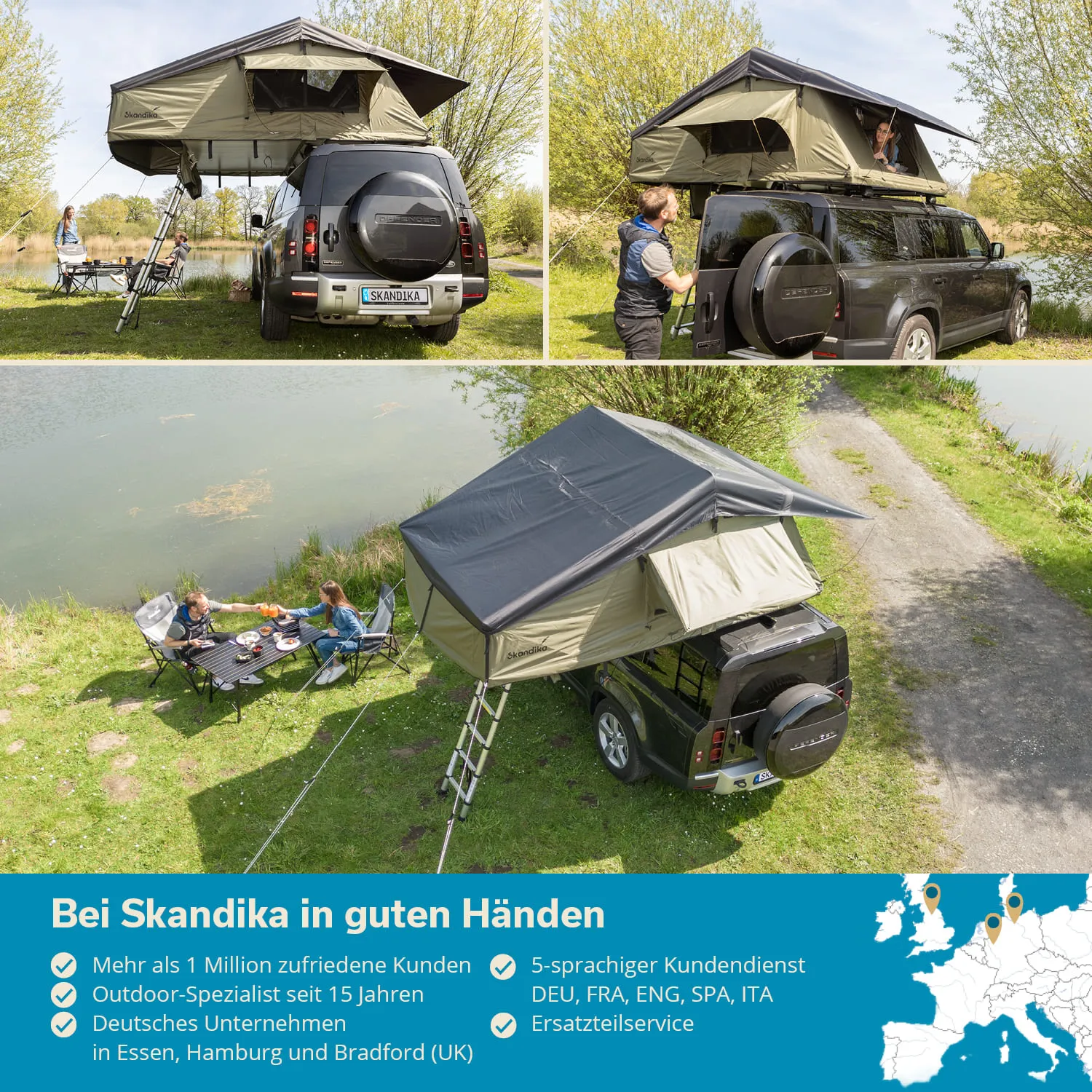 Dachzelt auf einem SUV an einem Gewässer. Zwei Personen sitzen an einem Tisch und genießen eine Mahlzeit.