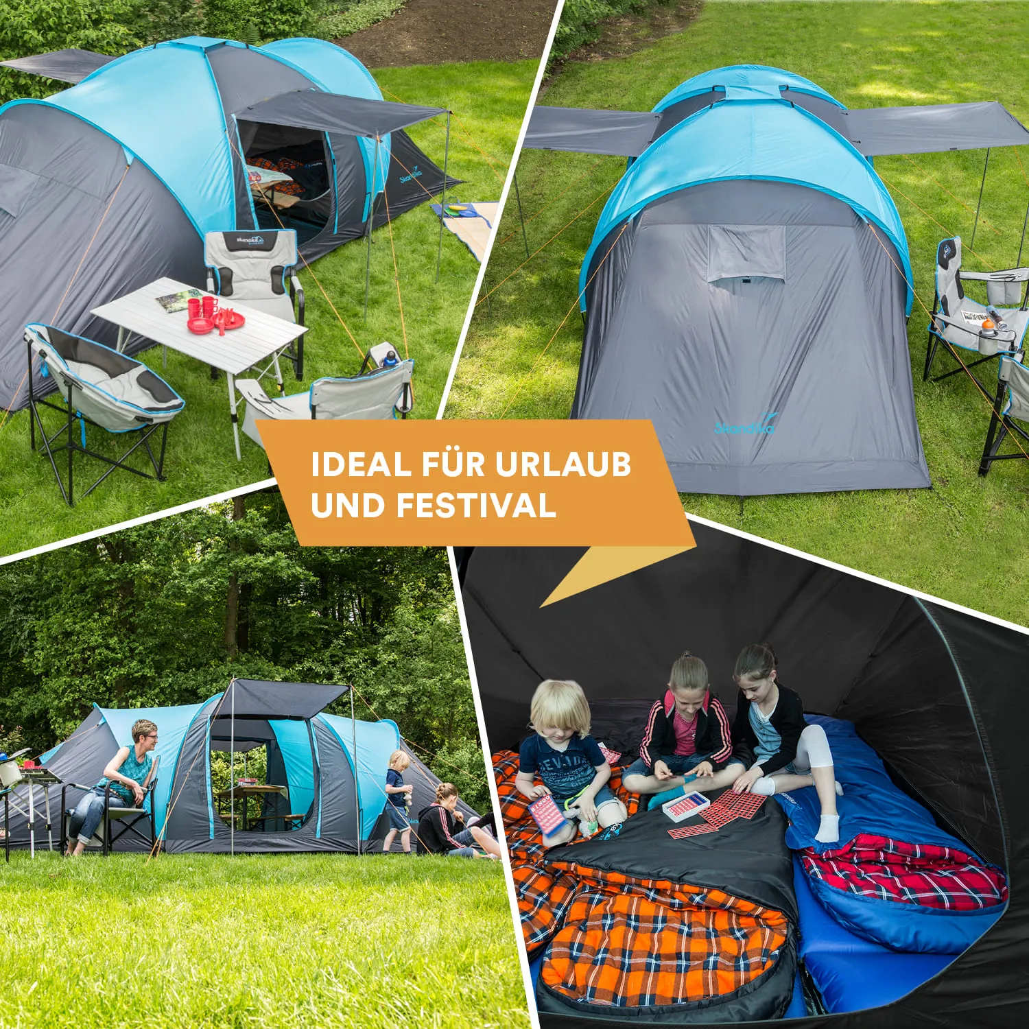 Zelt in graublau auf grüner Wiese, Campingmöbel, Kinder im Inneren, Text auf Banner: „Ideal für Urlaub und Festival“.