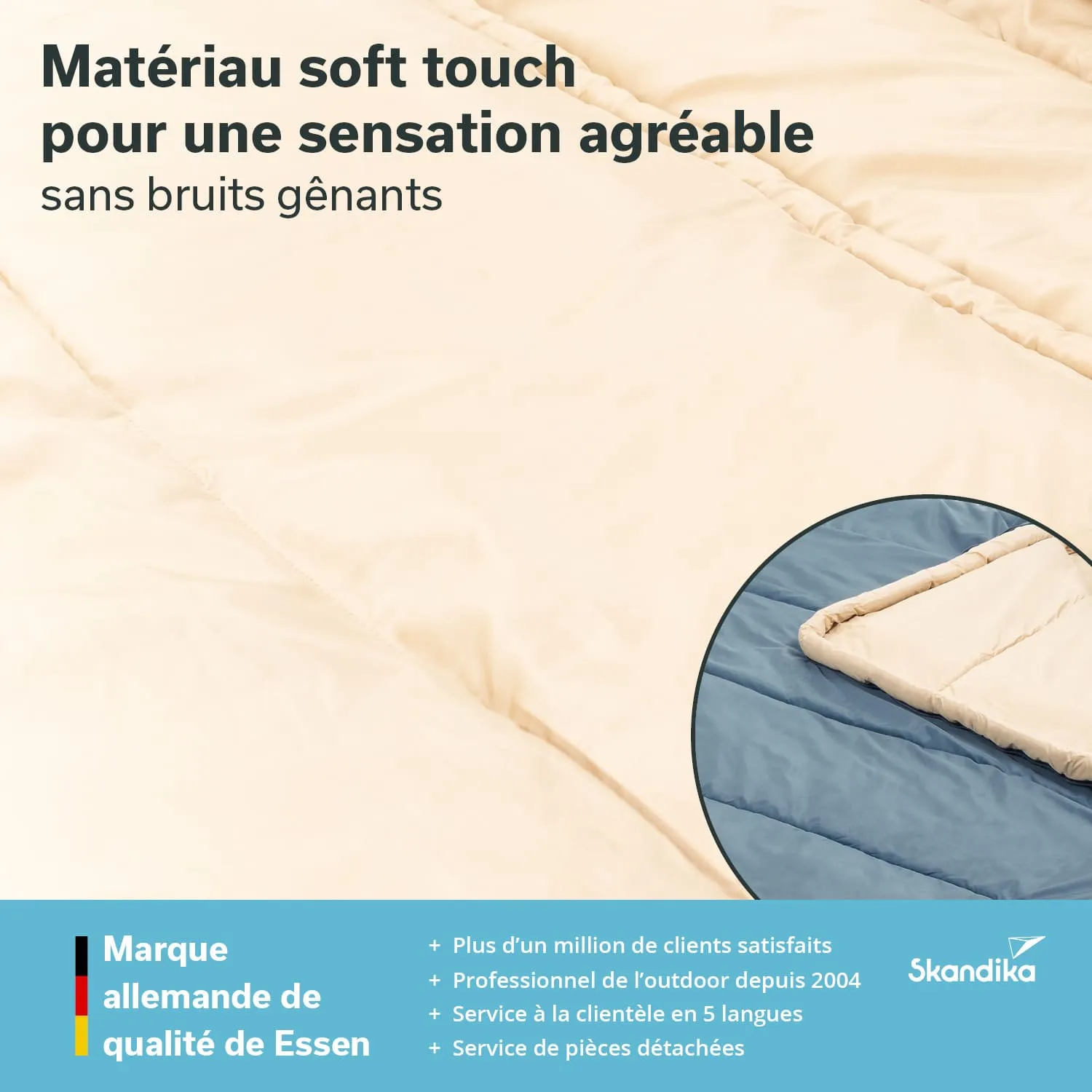 Beige Decke mit weichem Material, in der Ecke ein Ausschnitt einer blauen Fläche. Text in mehreren Sprachen beschreibt die Eigenschaften.