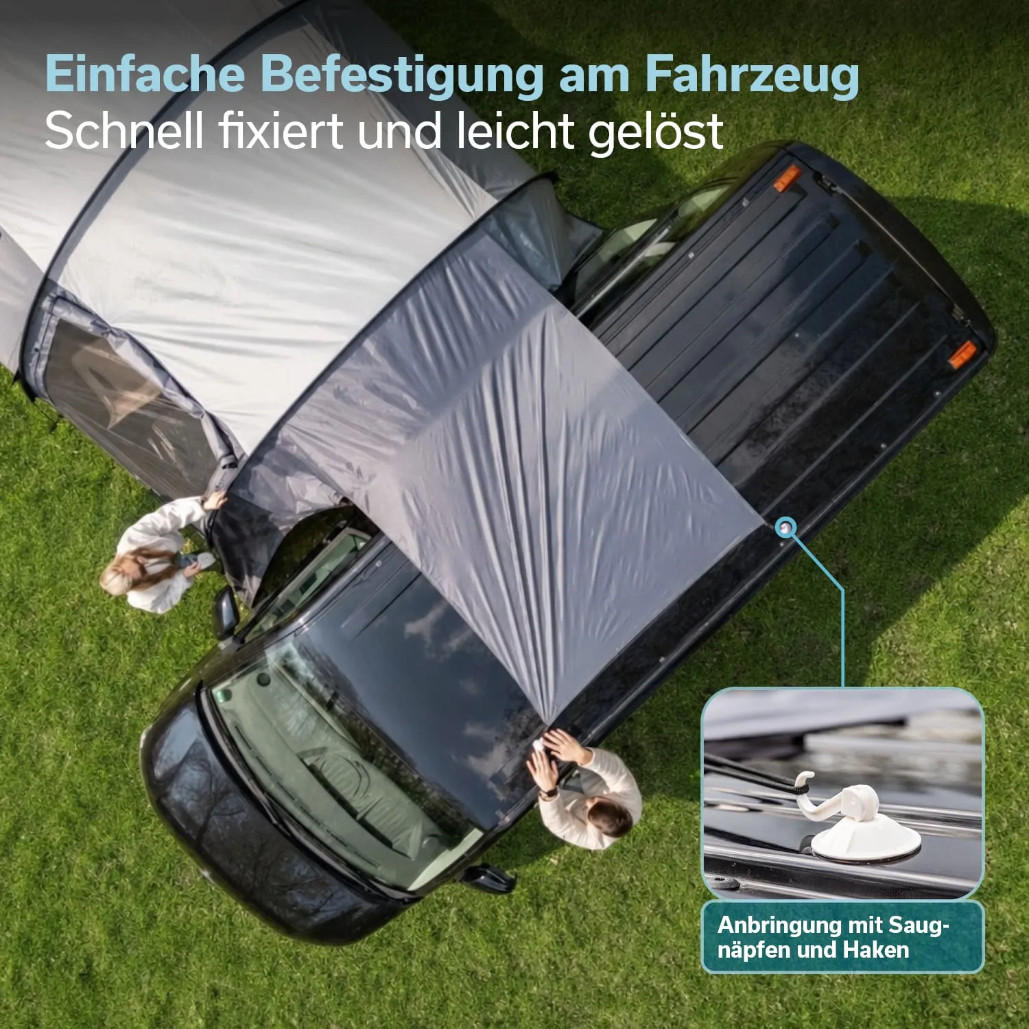 Zwei Personen befestigen eine Plane auf einem schwarzen Fahrzeug. Der Untergrund ist grün. Am Bildrand ist eine Anleitung zur Befestigung mit Saugnäpfen und Haken zu sehen.