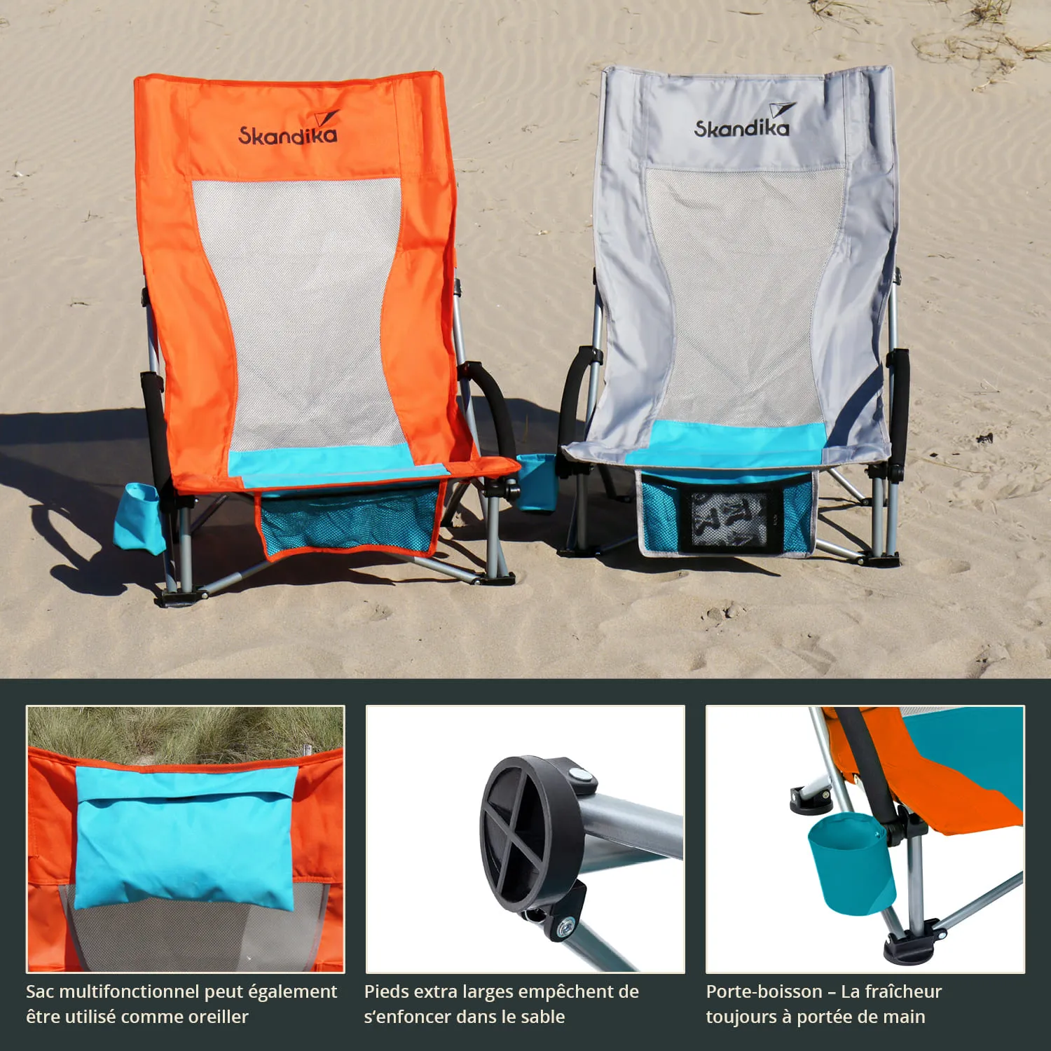 Zwei Klappstühle in orange und grau stehen auf Sand. Unten sind zusätzliche Details zu den Stühlen abgebildet.
