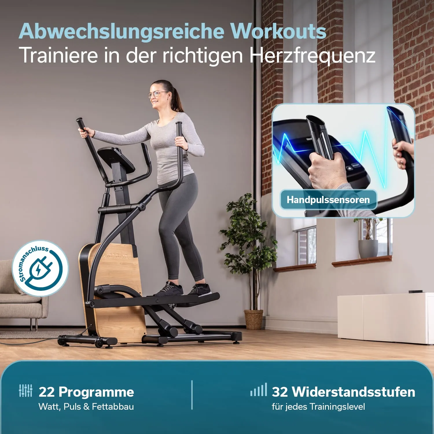 Eine Person trainiert auf einem Ellipsentrainer in einem modernen Raum. Im Hintergrund sind Fenster und eine Pflanze sichtbar. Text beschreibt Funktionen des Geräts.