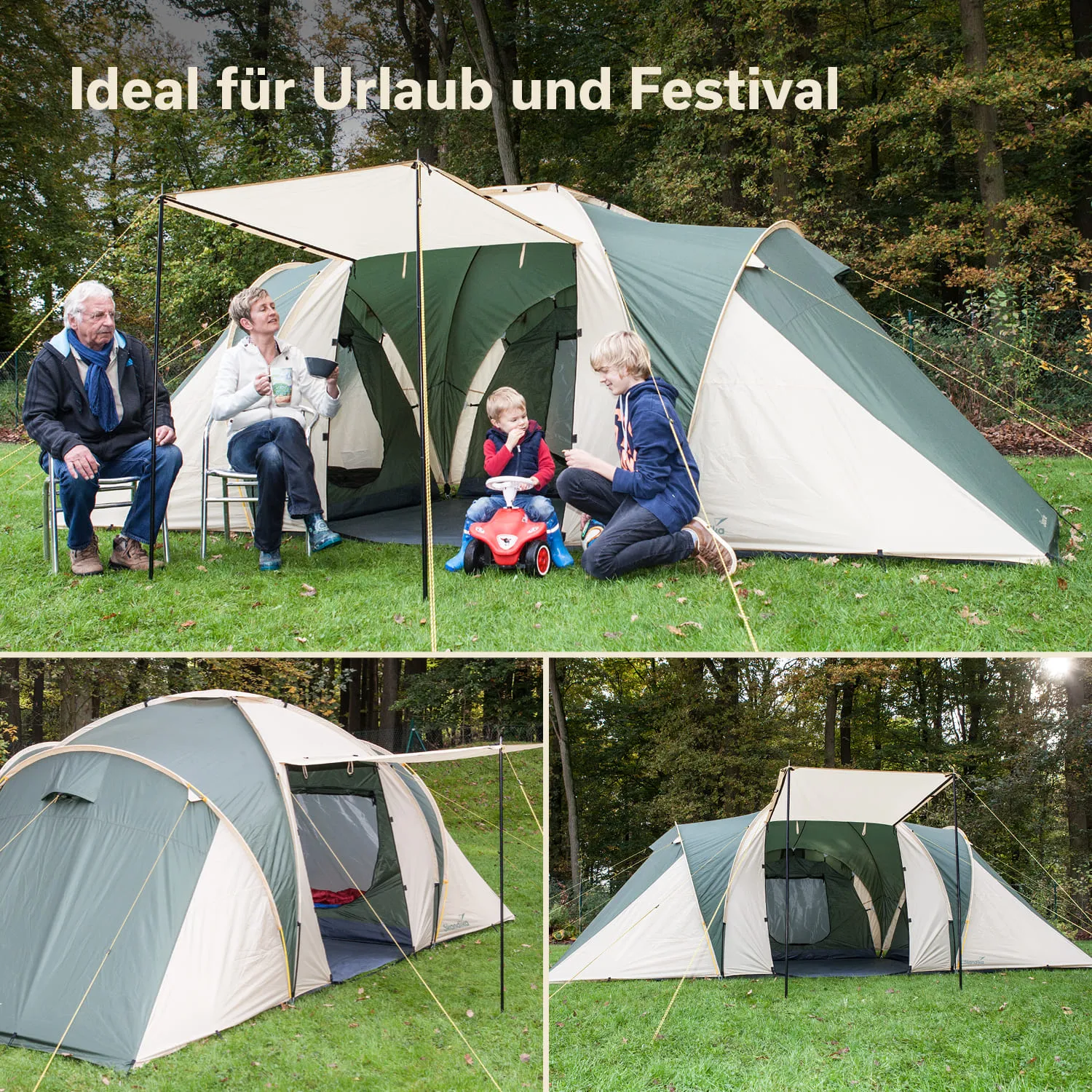 Zelt in einem Waldgebiet, umgeben von grünem Gras. Eine Person sitzt auf einem Stuhl, während zwei weitere Personen und ein Kind spielen. Im Hintergrund sind die Zelte in verschiedenen Ansichten zu sehen.