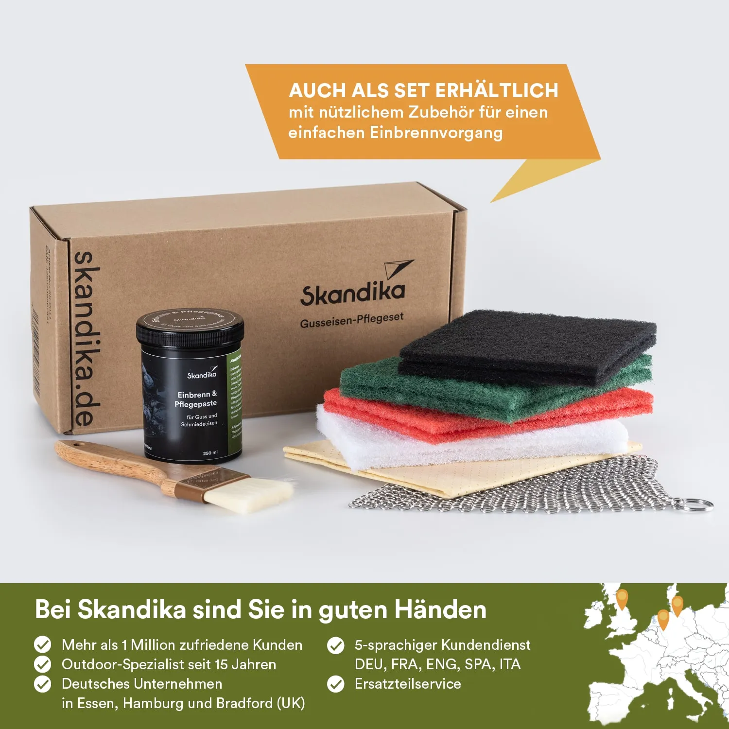 Gussputzmittel und Putzutensilien in einer Box. Enthält Bürste, Reinigungsschwämme und ein Pflegeprodukt.