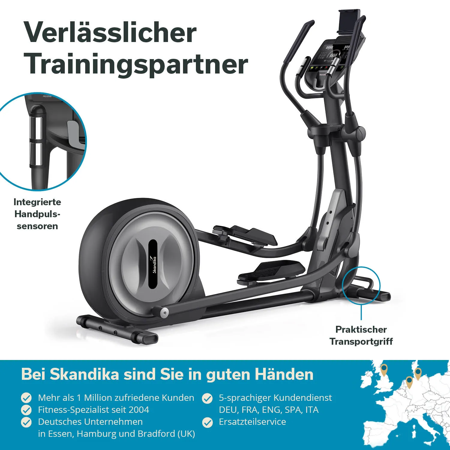 Ellipsentrainer mit Handpulssensoren, praktischer Transportgriff und Anleitungstext. Grafische Darstellungen umgeben das Gerät.
