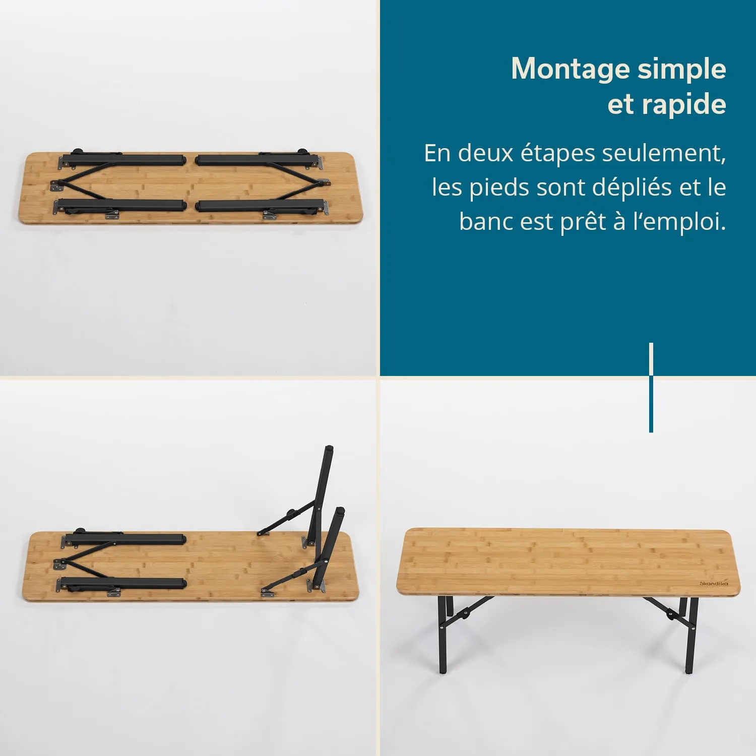 Klappbank aus Holz mit ausgesklappten Füßen dreigeteilte Darstellung des Aufbaus in zwei Schritten.