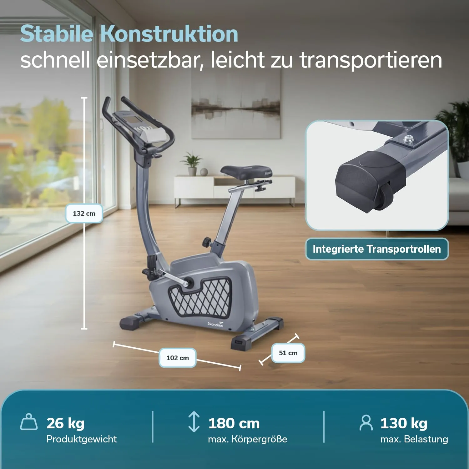 Ein Fitnessgerät, wahrscheinlich ein Liege-Ergometer, steht in einem Raum mit Holzfußboden. Maße und technische Details sind angegeben.