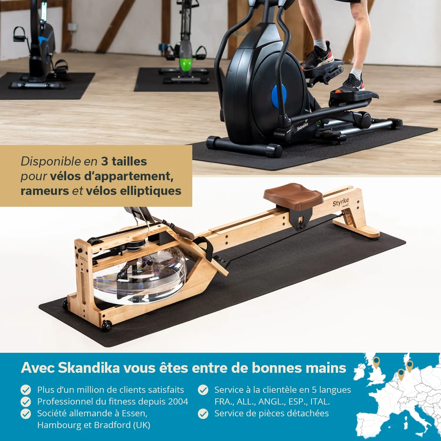 Fitnessgeräte in einem Raum: ein elliptisches Fahrrad und ein Rudergerät aus Holz auf einer Matte. Textinformationen sind vorhanden.