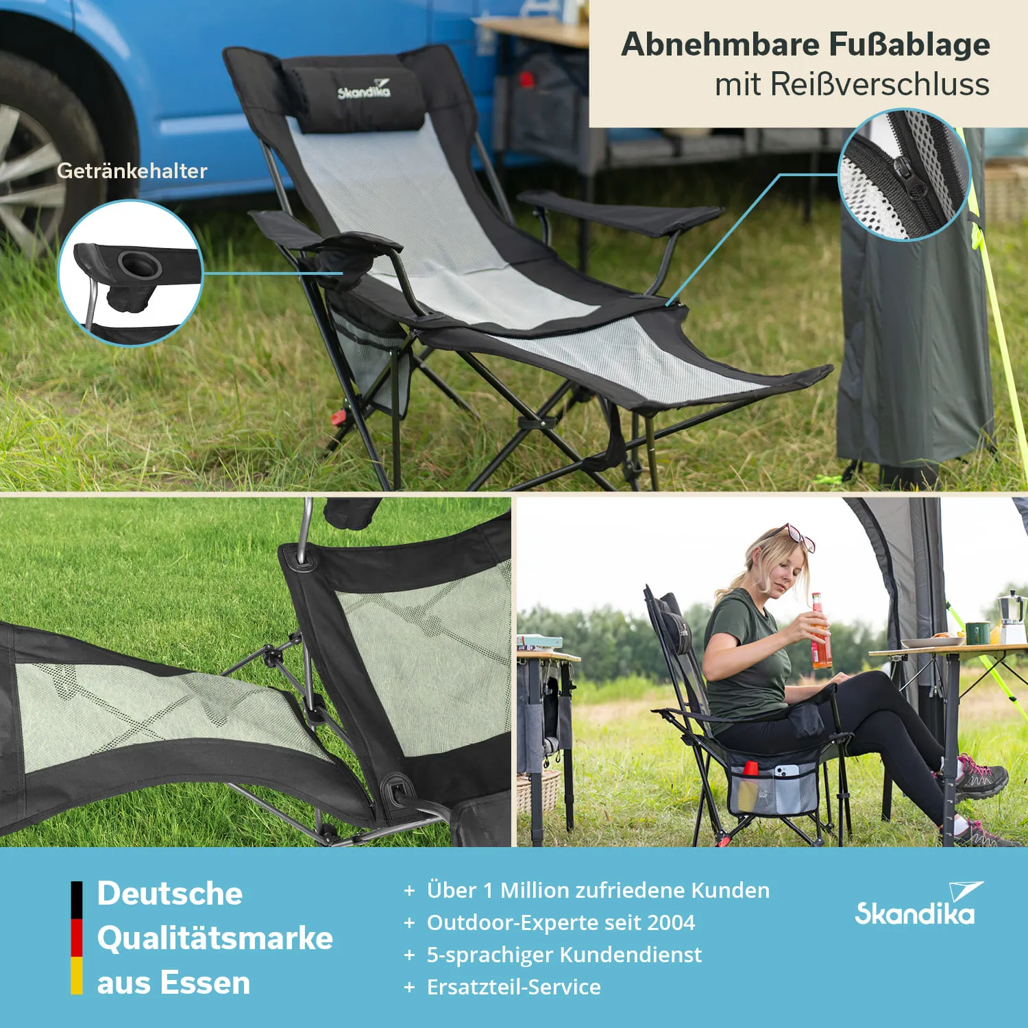 Klappstuhl mit abnehmbarer Fußablage und Getränkehalter auf Gras, daneben eine Person, die ein Getränk hält.
