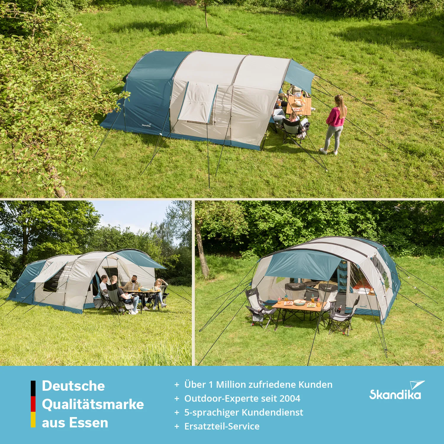 Zelt auf einer grünen Wiese, umgeben von Bäumen. Mehrere Personen sitzen an einem Tisch vor dem Zelt.