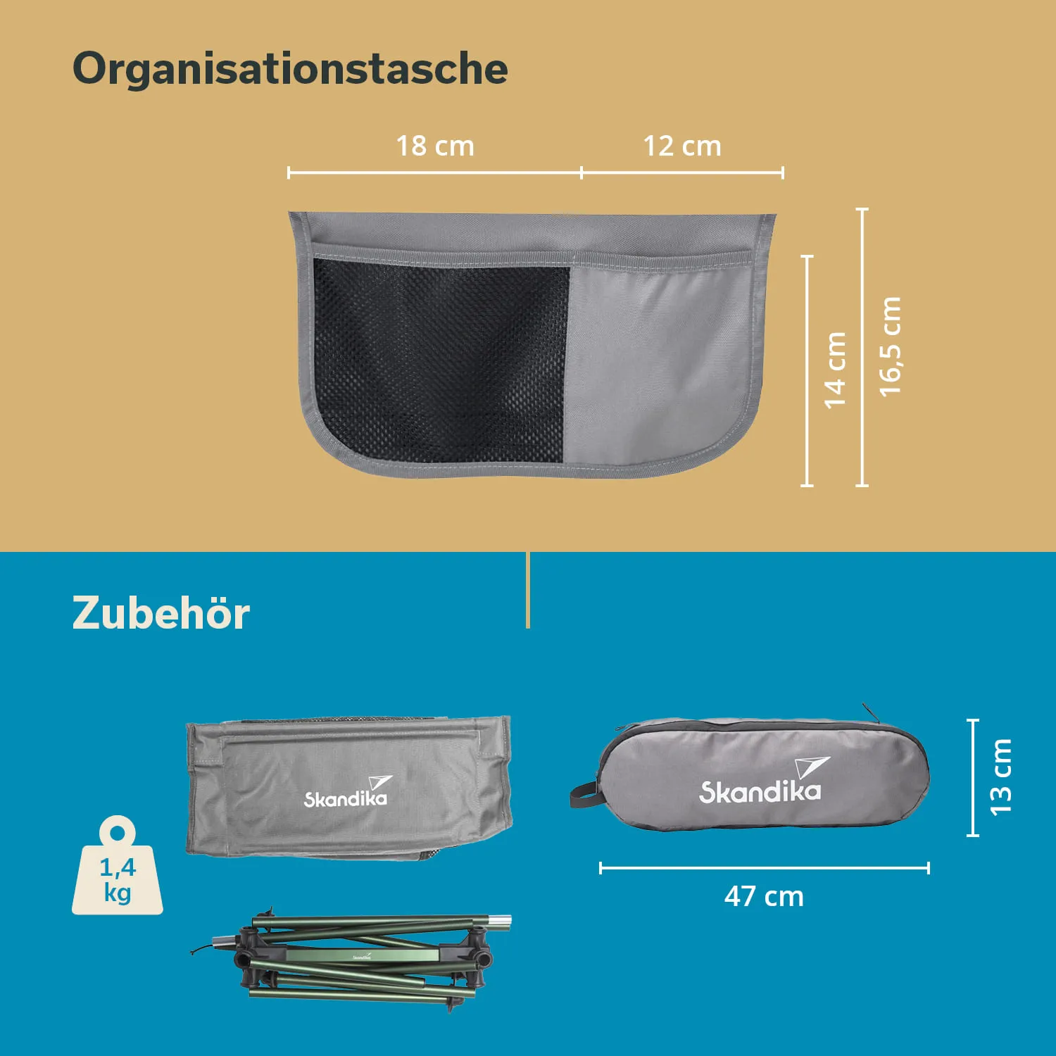 Graue Organisationstasche mit Netzfach, Maße: 18 cm Breite, 14 cm Höhe. Zubehörteile in grau und grün, Gewichtsangabe 1,4 kg.