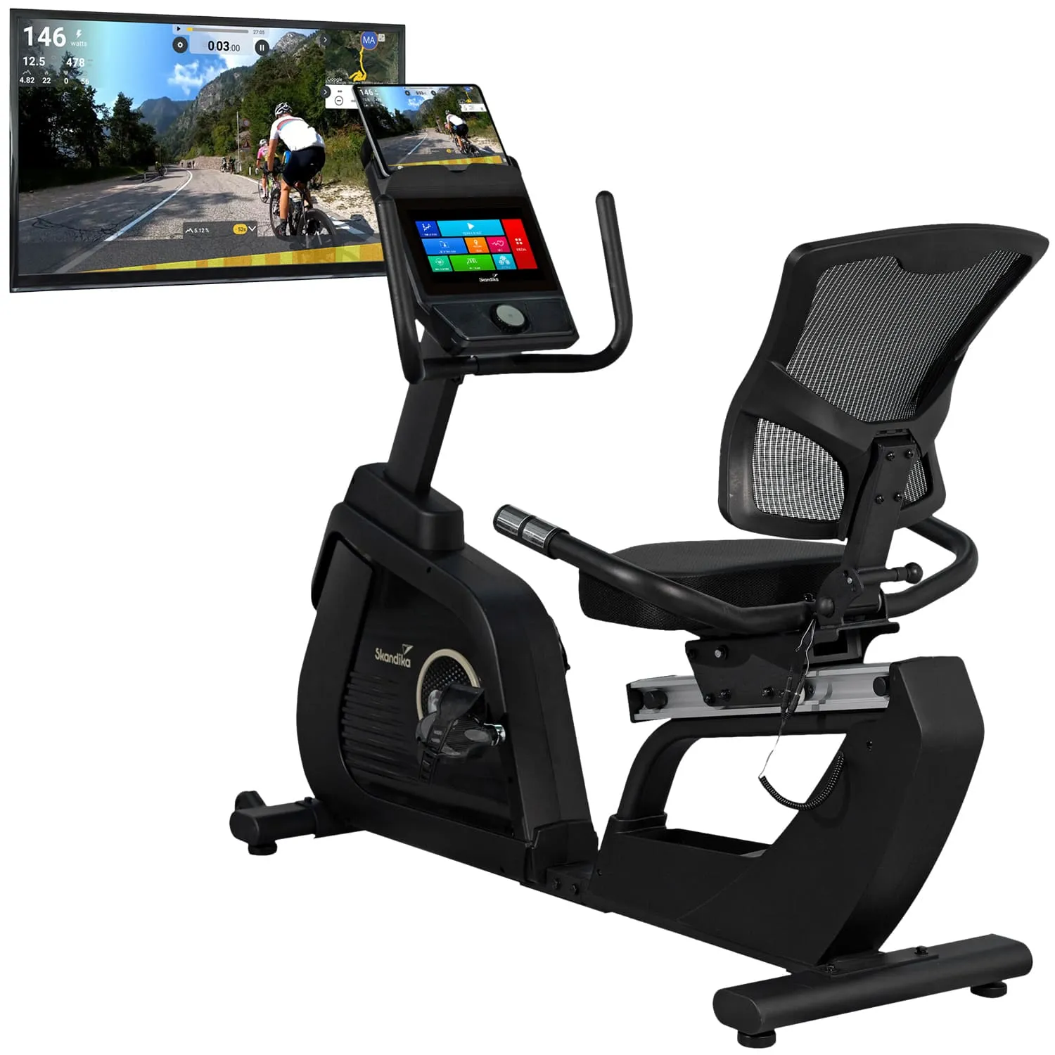 Fahrrad-Ergometer mit verstellbarem Sitz und Bildschirm. Bildschirm zeigt Radfahrstrecke und Fitnessdaten.