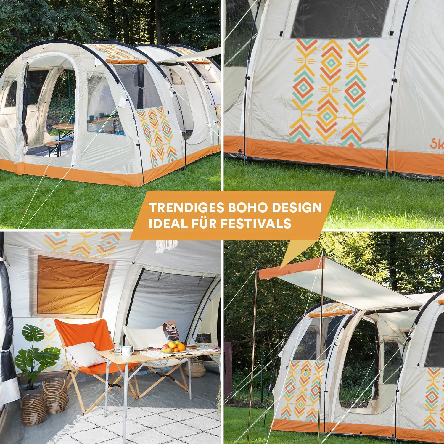 Gestreiftes Zelt im Boho-Design, umgeben von Wiese. Innenbereich mit Tisch, Stühlen und Obst. Dekorative Elemente sichtbar.