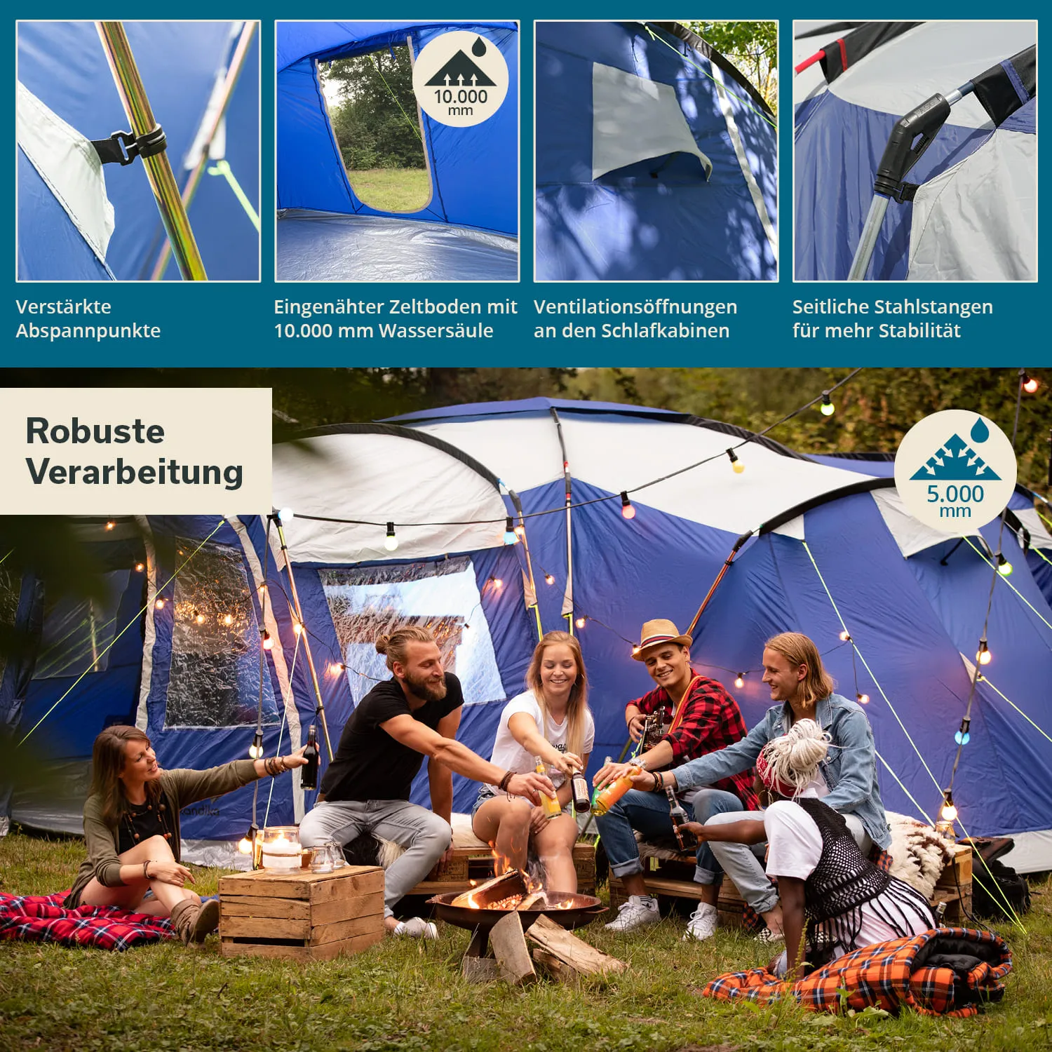 Gruppe von fünf Personen am Lagerfeuer vor einem großen blauen Zelt, umgeben von Lichtern. Holzpalette und Decken sind sichtbar.