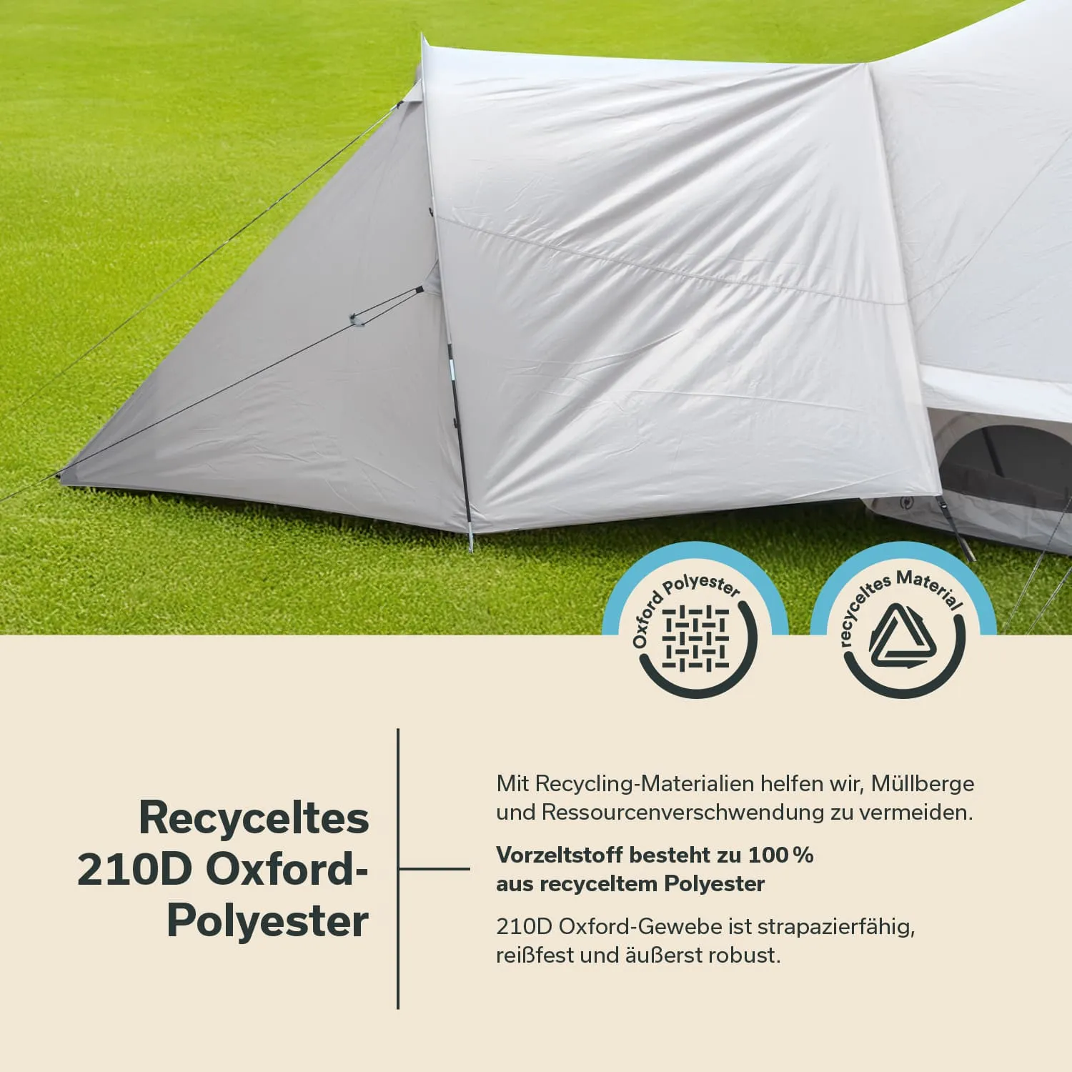 Zelt aus grauem 210D Oxford-Polyester auf grünem Gras, mit Informationen zu Recyclingmaterialien und deren Vorteilen.