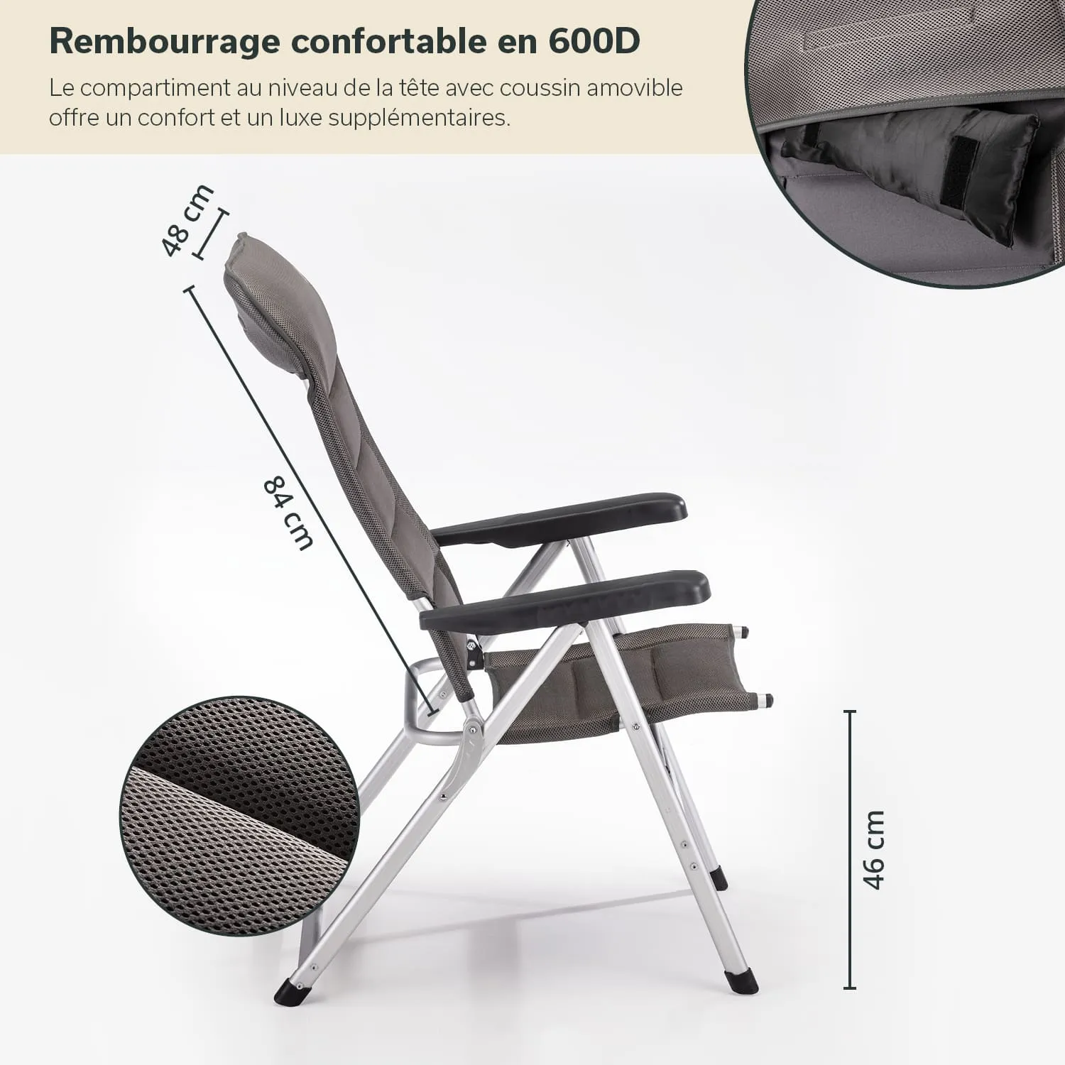 Klappstuhl mit gepolsterter Rückenlehne und abnehmbaren Kopfkissen. Maße: 84 cm Höhe, 48 cm Kopfteil, 46 cm Sitzhöhe. Textilmaterial in Grau.
