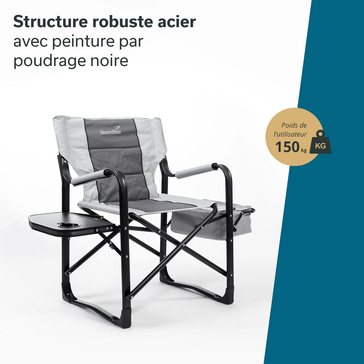 Stuhl mit robuster Stahlstruktur, grauem Sitz und klappbarem Ablagetisch, mit Hinweis auf Benutzergewicht von 150 kg.