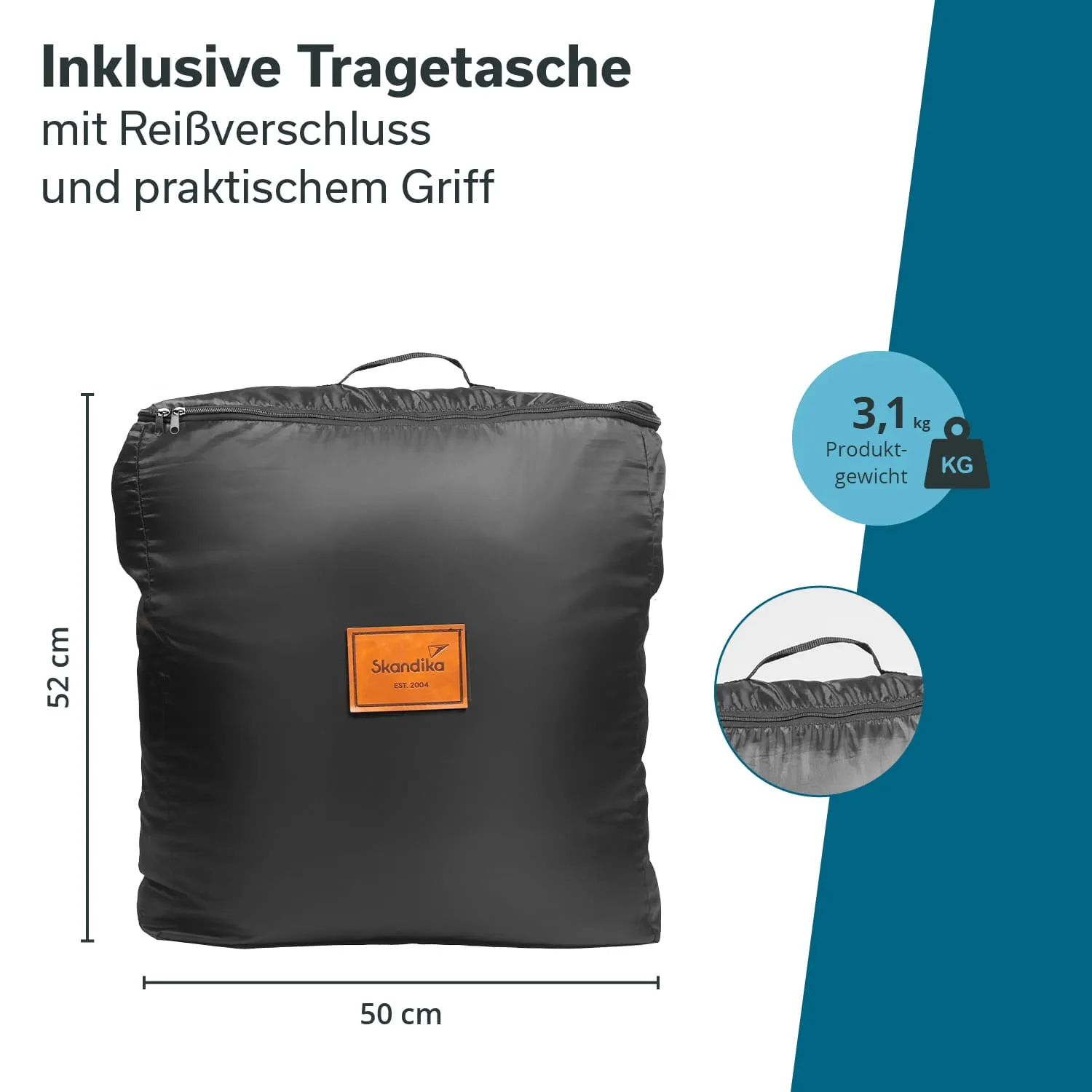 Schwarze Tragetasche mit Reißverschluss und einem Griff. Maße: 52 cm hoch, 50 cm breit. Gewicht: 3,1 kg.