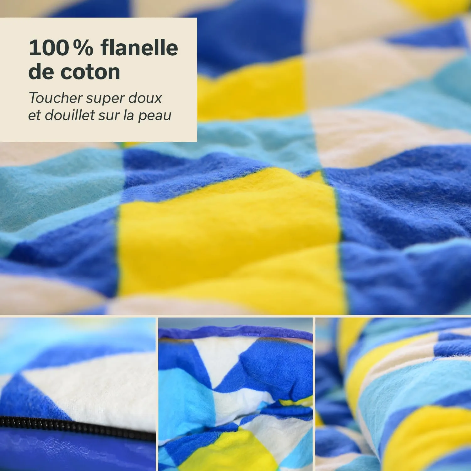 Bunte Steppdecke aus 100 % Baumwolle in Gelb, Blau und Weiß mit weich verarbeiteten Oberflächen.