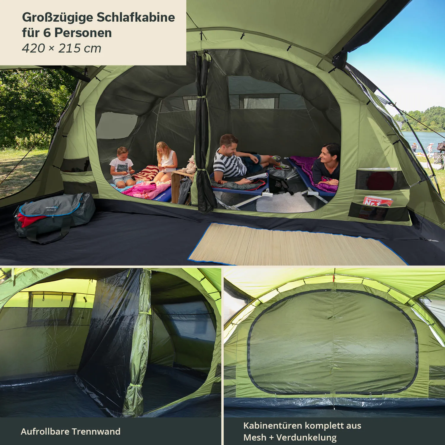 Eine große Schlafkabine für sechs Personen, mit zwei Personen auf Matten und einem Tisch im Inneren, umgeben von Zeltwänden.