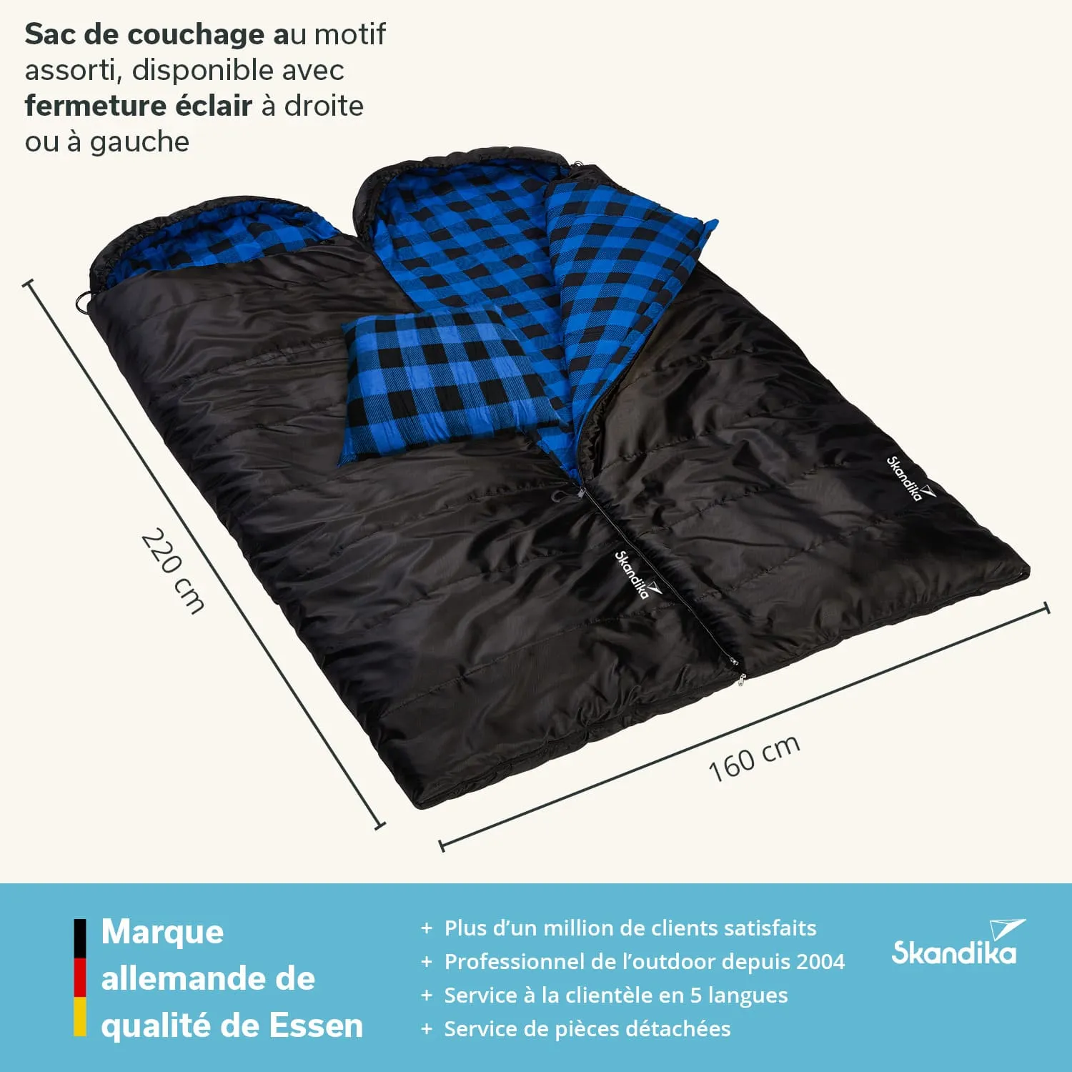 Schlafsack in Schwarz mit blauer Karomuster-Innenseite. Maße: 220 cm x 160 cm. Reißverschluss auf beiden Seiten.