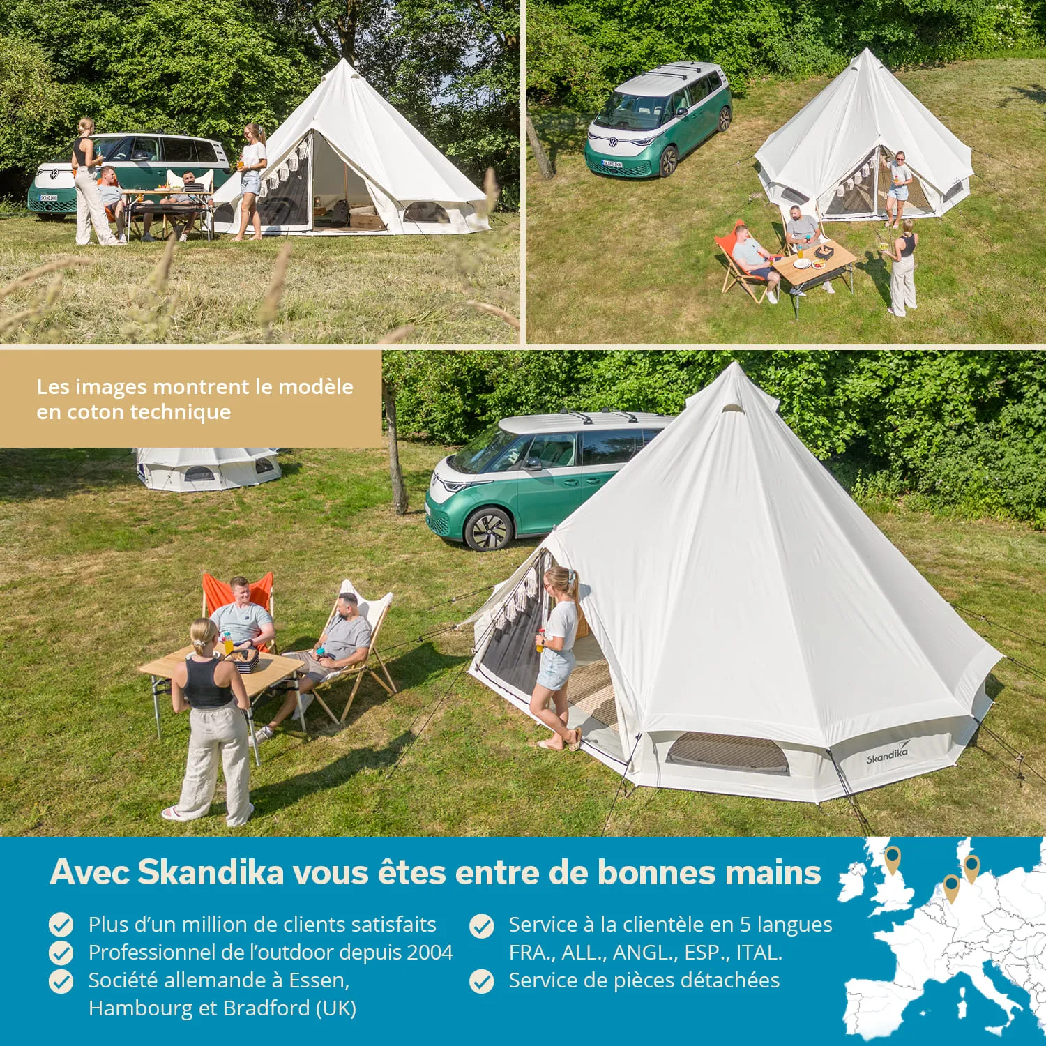 Zelt aus weißem Gewebe auf einer grünen Wiese, umgeben von Bäumen. Menschen sitzen an einem Tisch, ein Auto steht daneben.