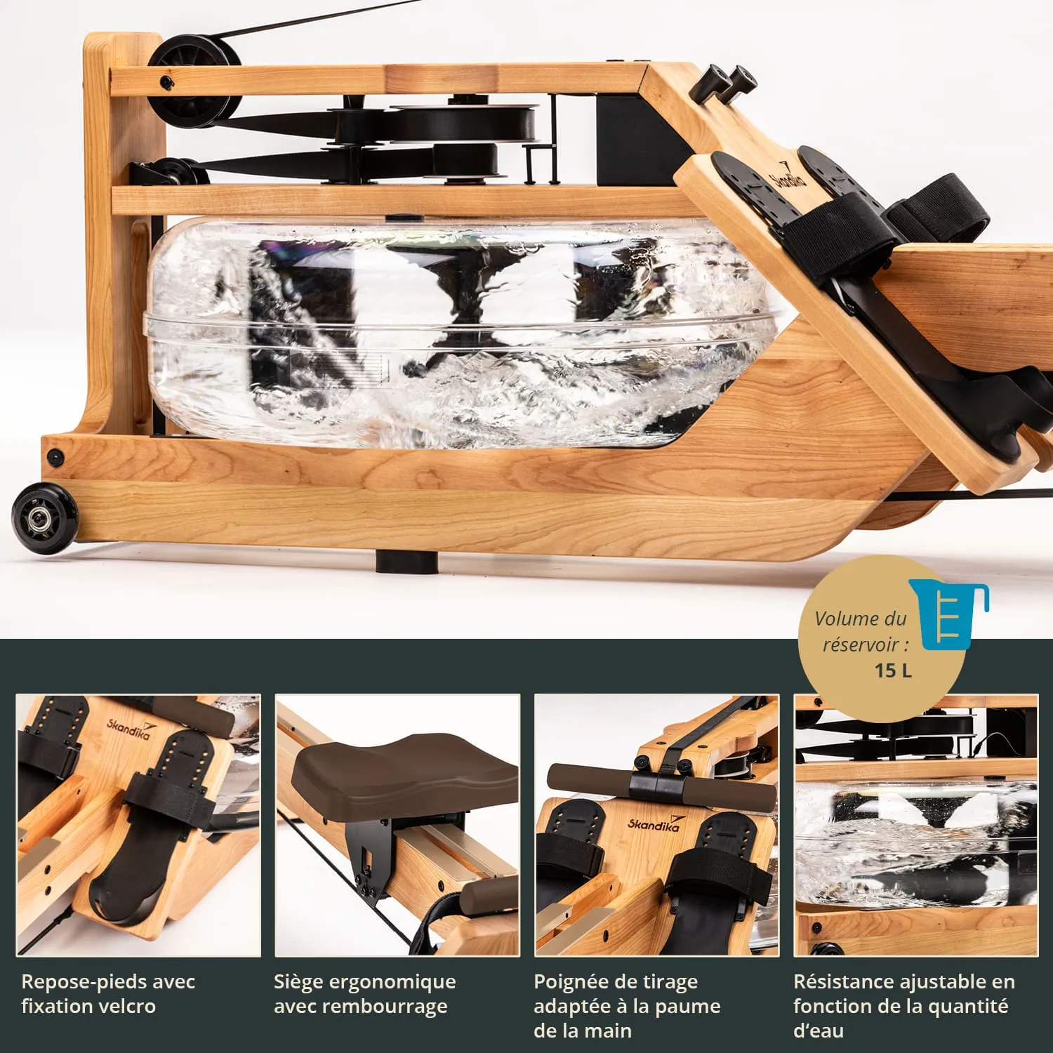 Rudergerät aus Holz mit einem Wasserbehälter, ergonomischem Sitz, verstellbaren Fußstützen und einem Zuggriff.