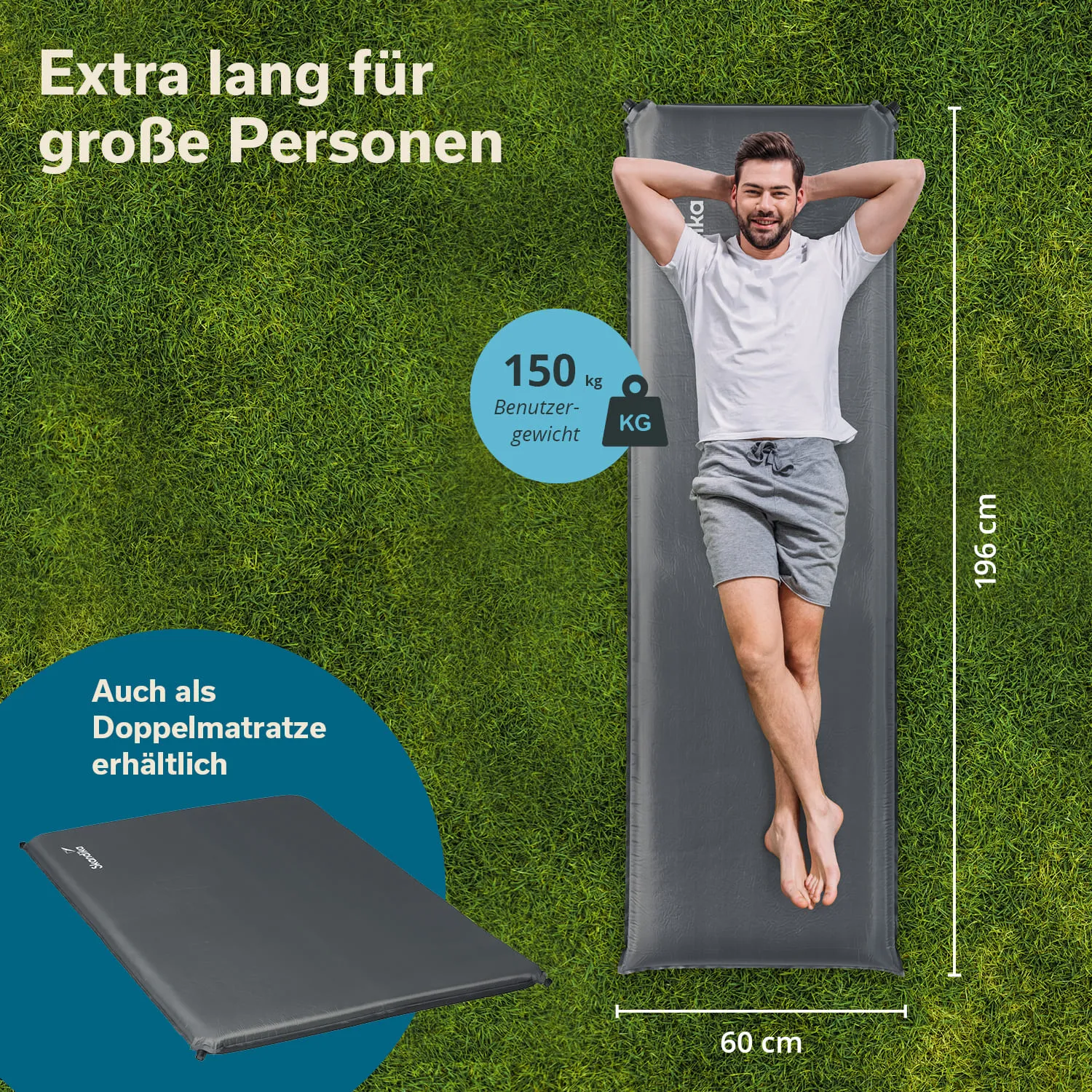 Eine lange, graue Schlafmatte auf grünem Rasen mit einer liegenden Person. Maße der Matte: 196 cm x 60 cm.