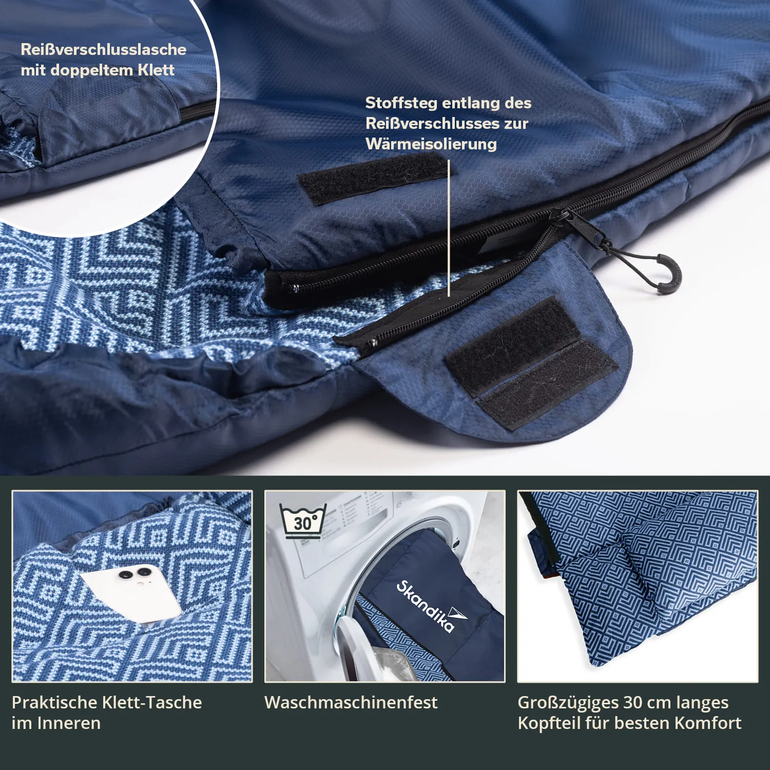 Detaillierte Ansicht eines blauen Schlafsacks mit Reißverschluss, innerer Klett-Tasche und weichem Innenfutter.