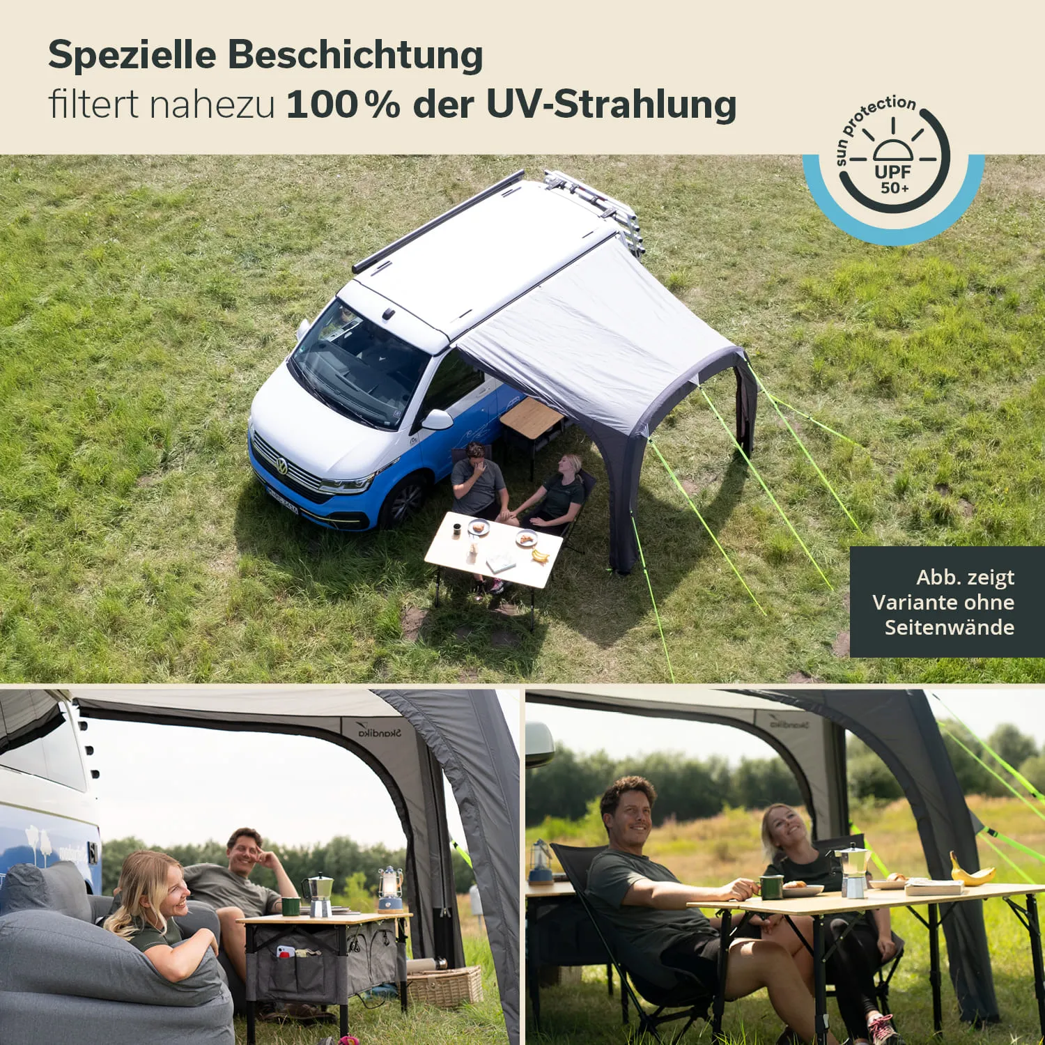 Zelt mit UV-Schutz neben einem Fahrzeug. Zwei Personen sitzen an einem Tisch und genießen Essen und Getränke.