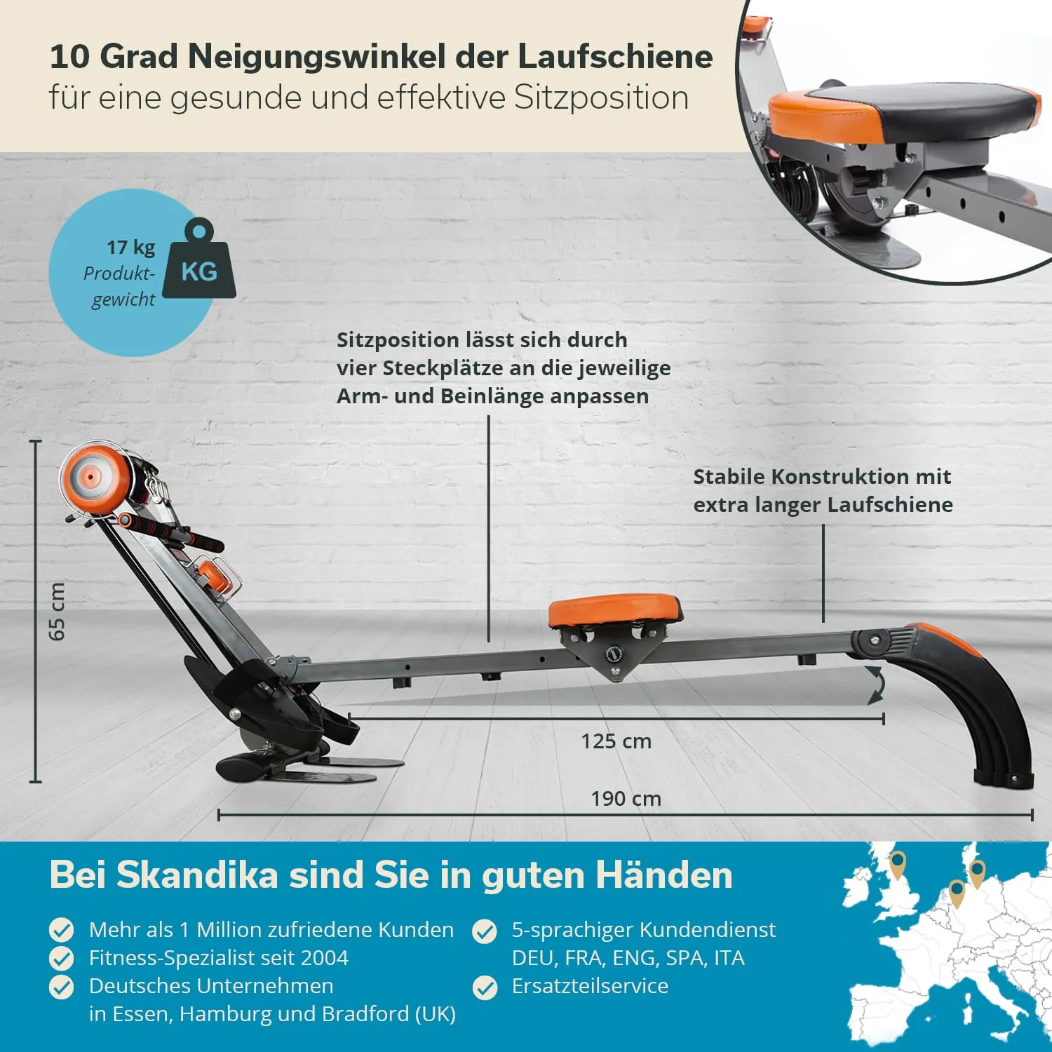 Fitnessgerät mit verstellbarem Sitz, orangefarbener Polsterung und stabiler Konstruktion. Maße und Neigungswinkel angegeben.
