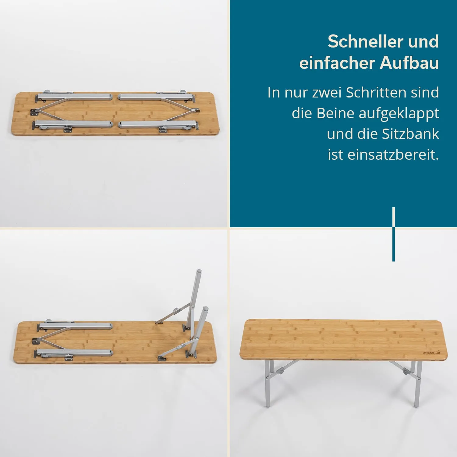 Faltbare Sitzbank aus Holz mit Metallbeinen, in drei Schritten aufgebaut. Technische Anleitung auf der rechten Seite.