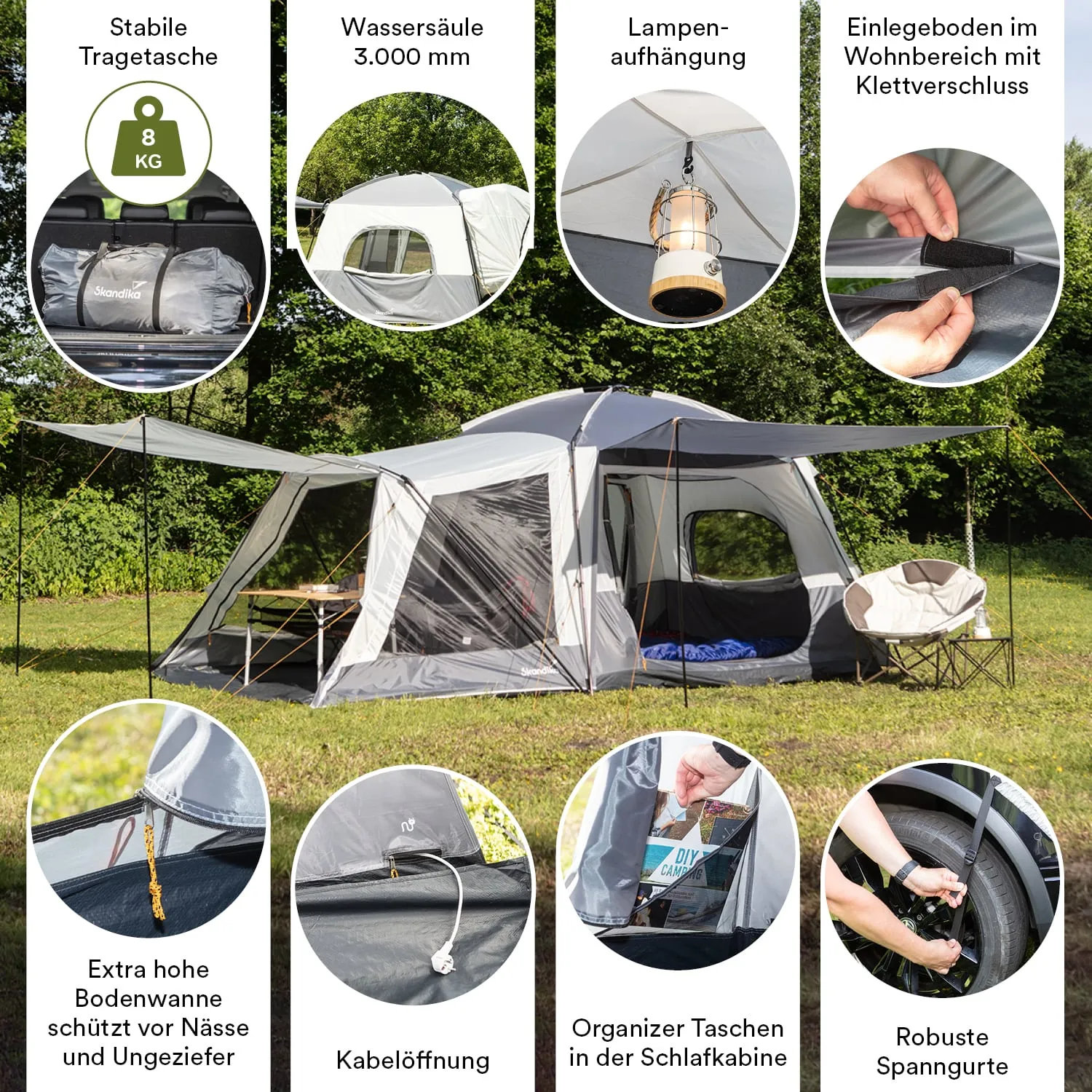 Zelt mit Vorbau auf Wiesengrund, umgeben von Bäumen. Inneneinrichtung mit Lampen, Taschen und Stabilisierungselementen.