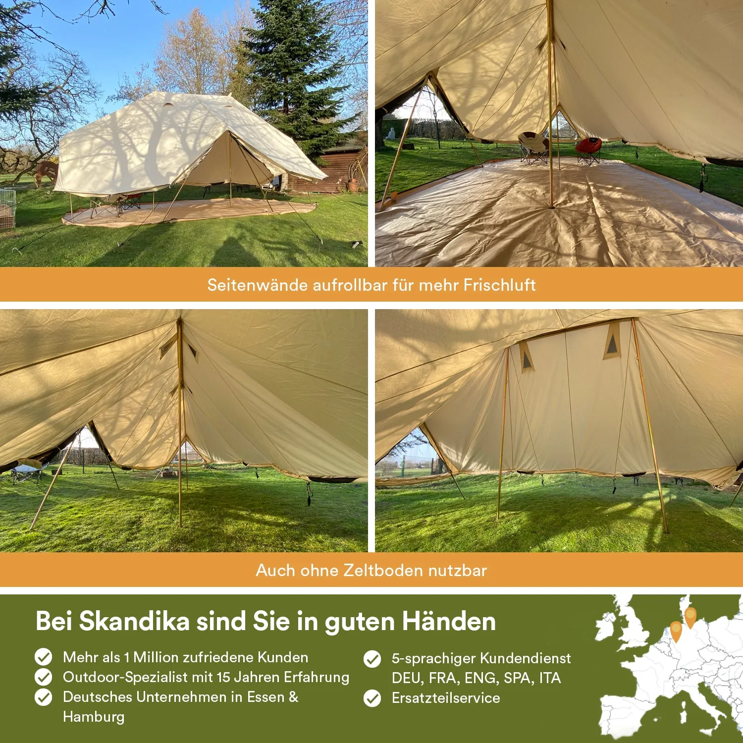 Rundes, geoltes Zelt auf grünem Rasen, Seitenwände teilweise hochgerollt. Innenansicht eines Zeltbodens mit Stangen.